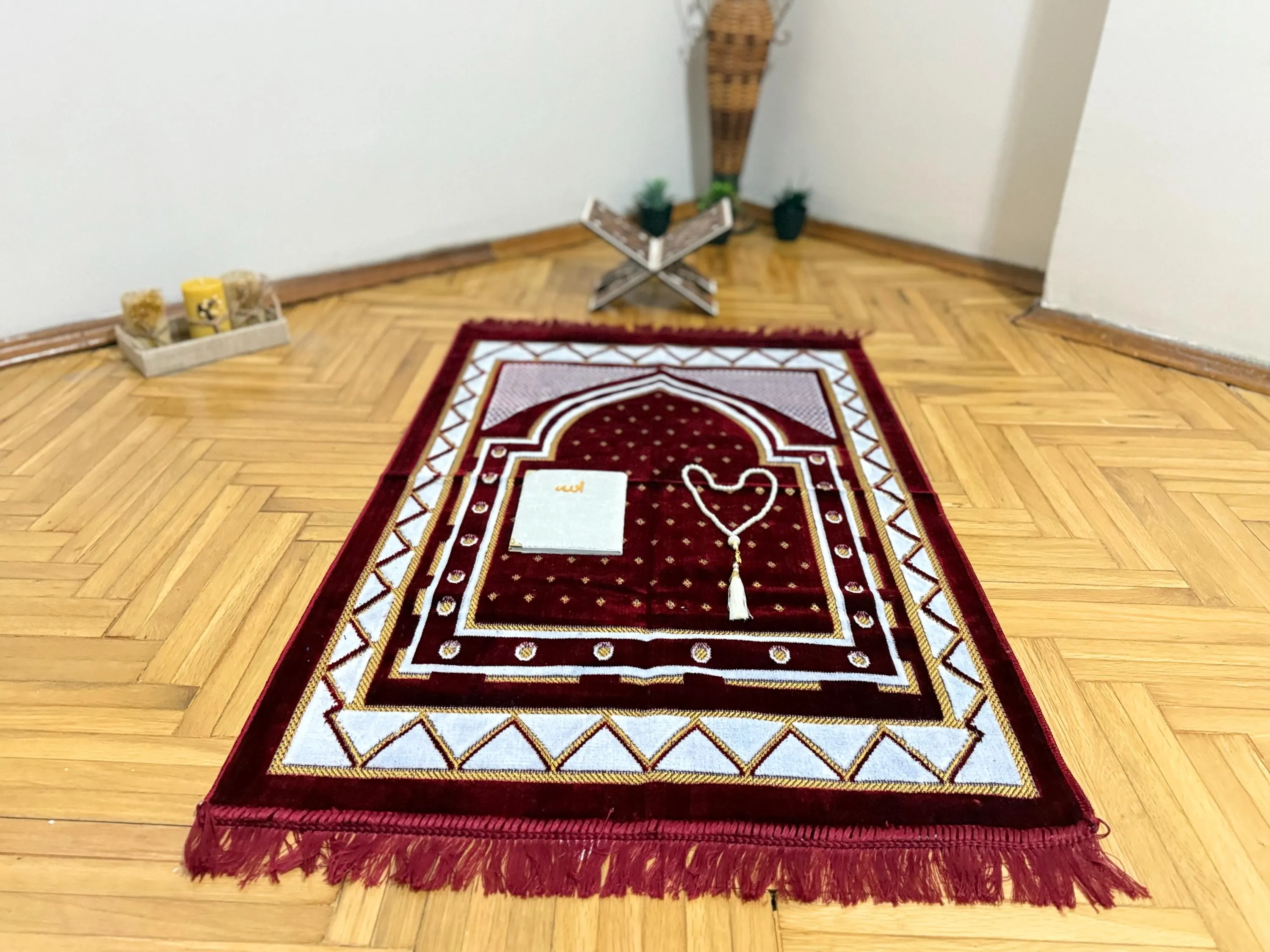 Velvet Red Prayer Rug Set; Prayer Mat, Rahle, Sejadah, Islamic Favor, Muslim Eid Gift