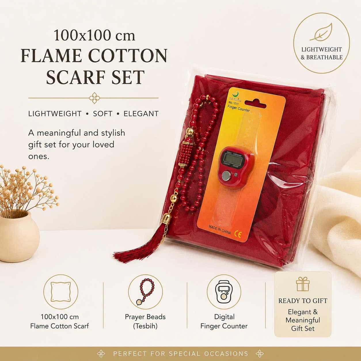 Muslim Prayer Gift Set; 100x100cm Lightweight Flamli Scarf, Tasbih, Digital Finger Counter, Islamic Favor