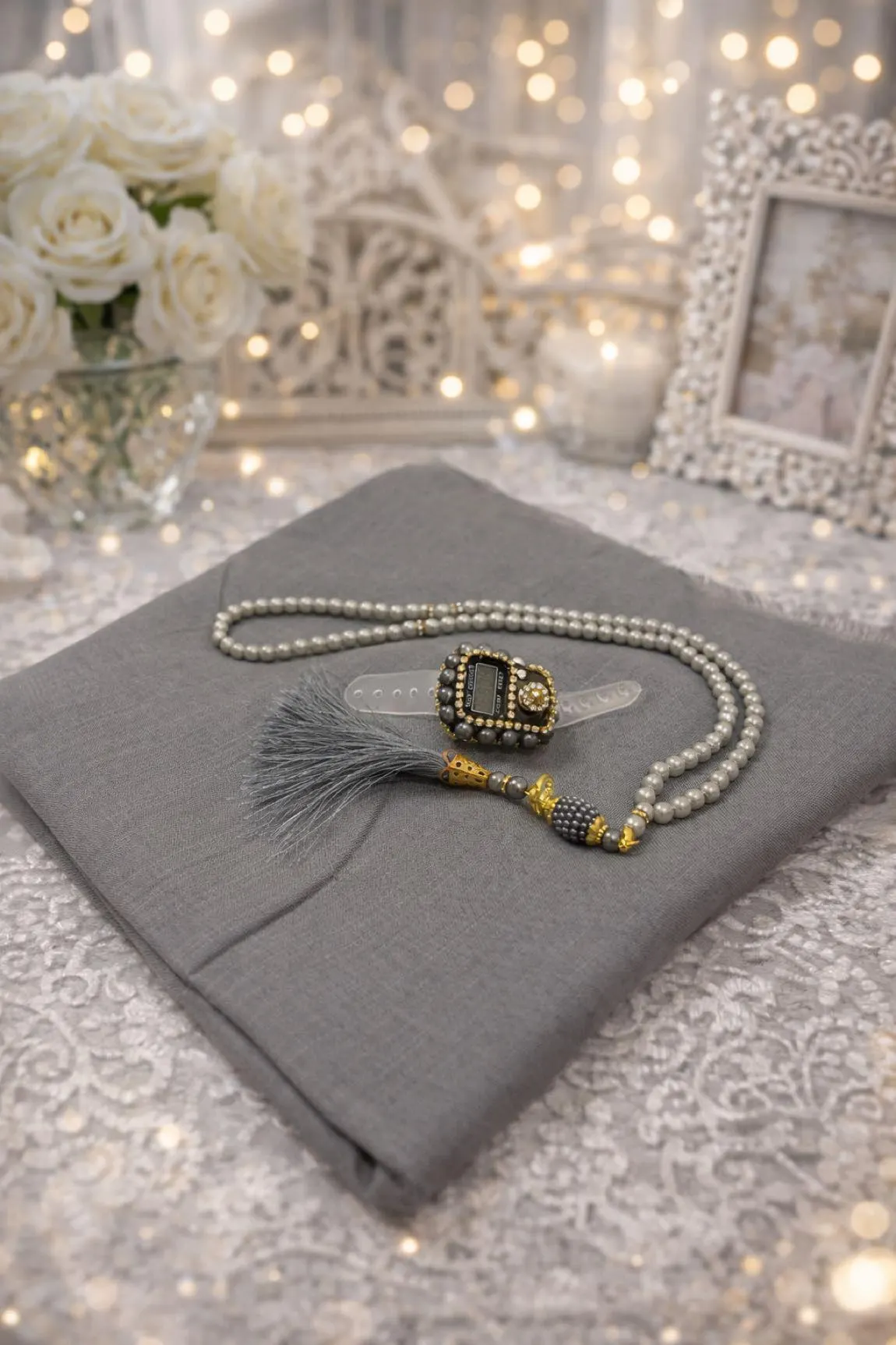 Cotton Shawl Islamic Gift; Scarf & Tasbih and Digital Counter Set, Mawlid Favors, Muslim Gifts