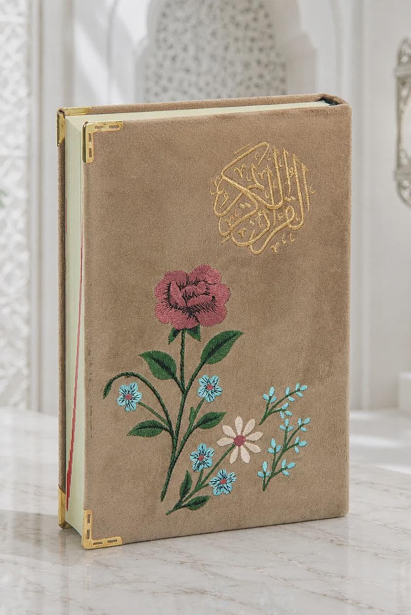 Embroidered Velvet-Covered Quran with Rose Motif; Medium Size Arabic Quran, Easy-to-Read, Prayer Holy Coran