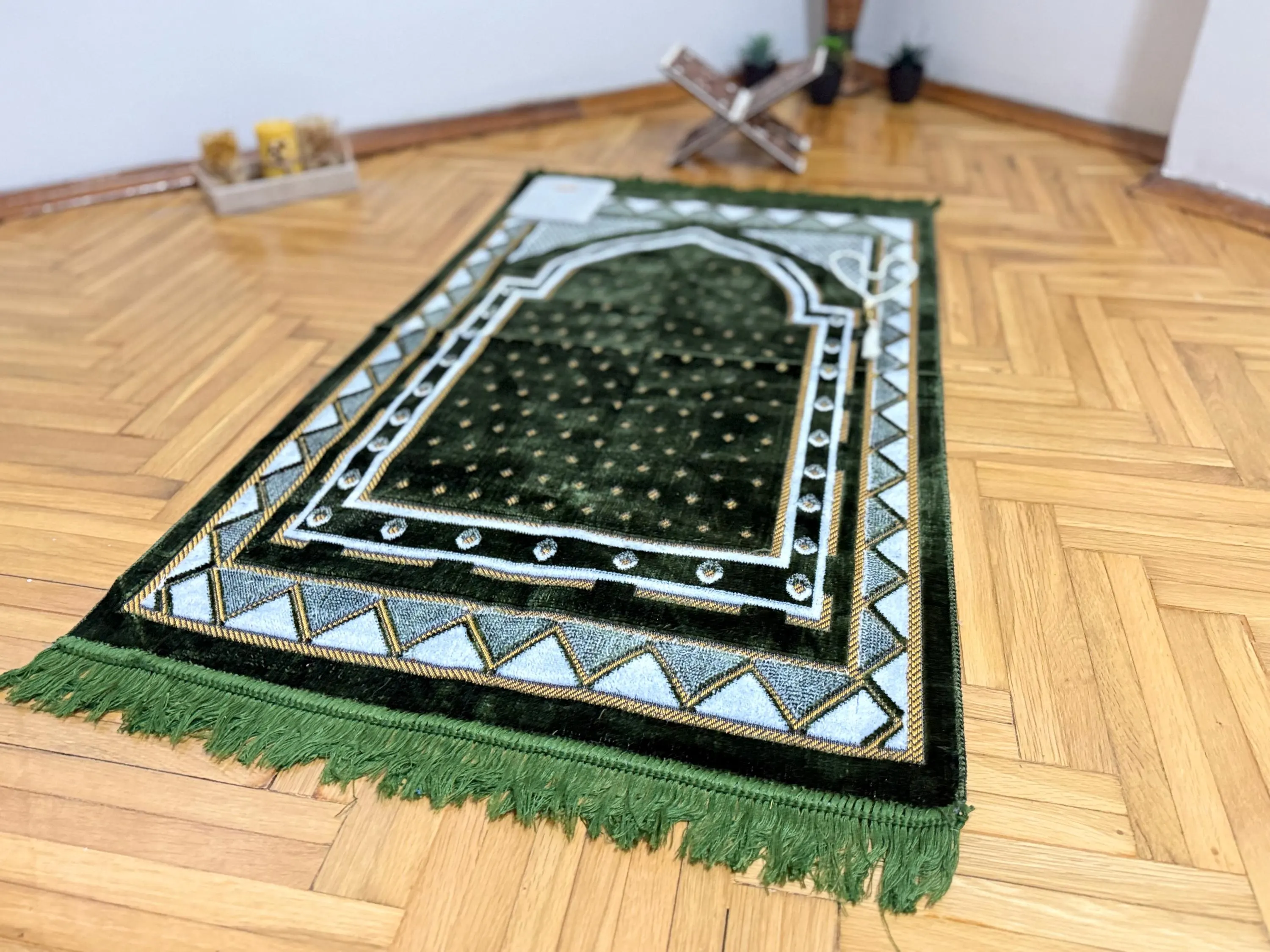 Green Velvet Muslim Prayer Mat Gift Set; Islamıc Prayer Rug, Sejadah, Janamaz, Eid Favors