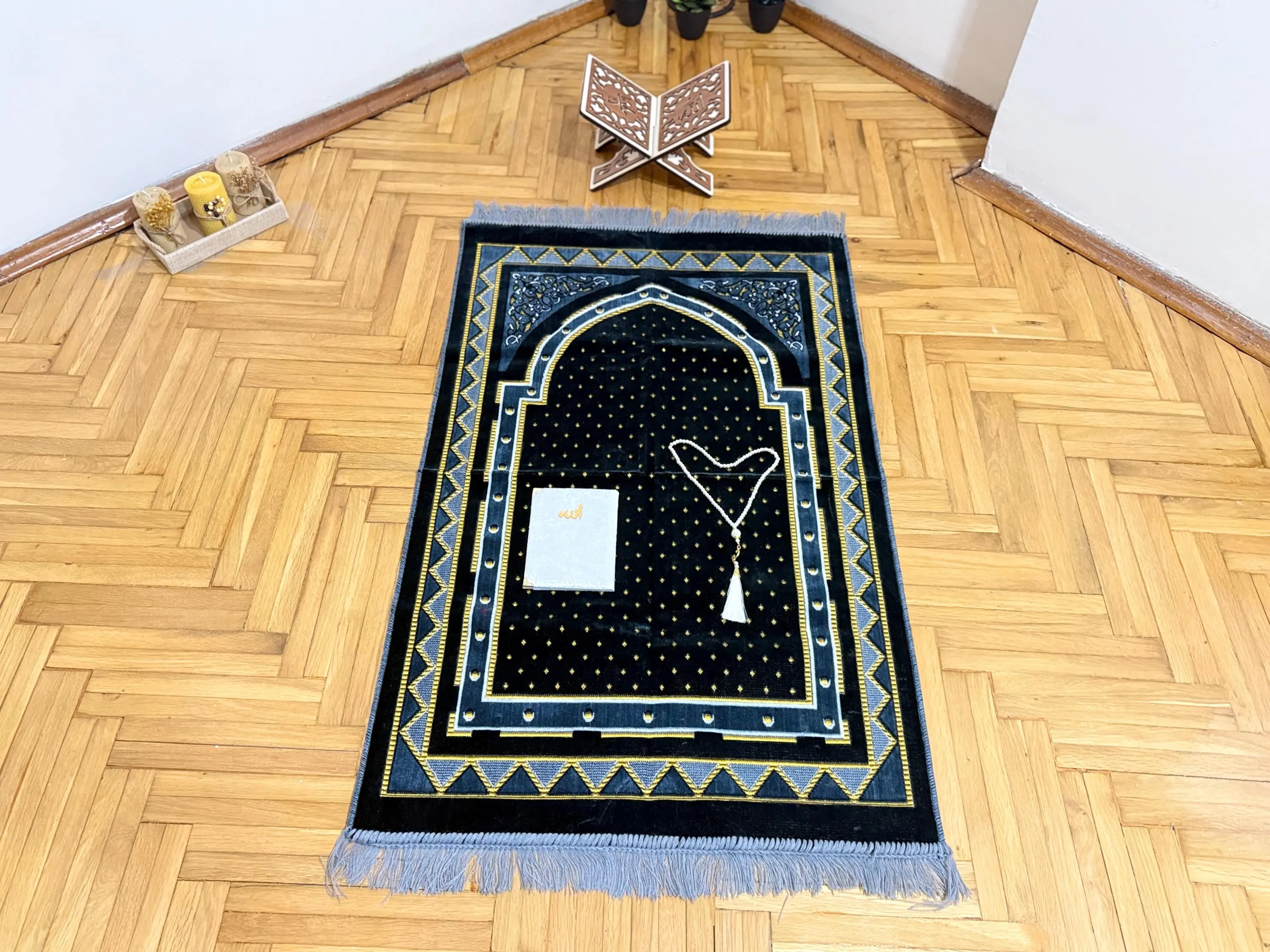 Gray Simple and Elegant Looking Velvet Prayer Mat Set; Muslim Prayer Rug, Lectern, Sejadah