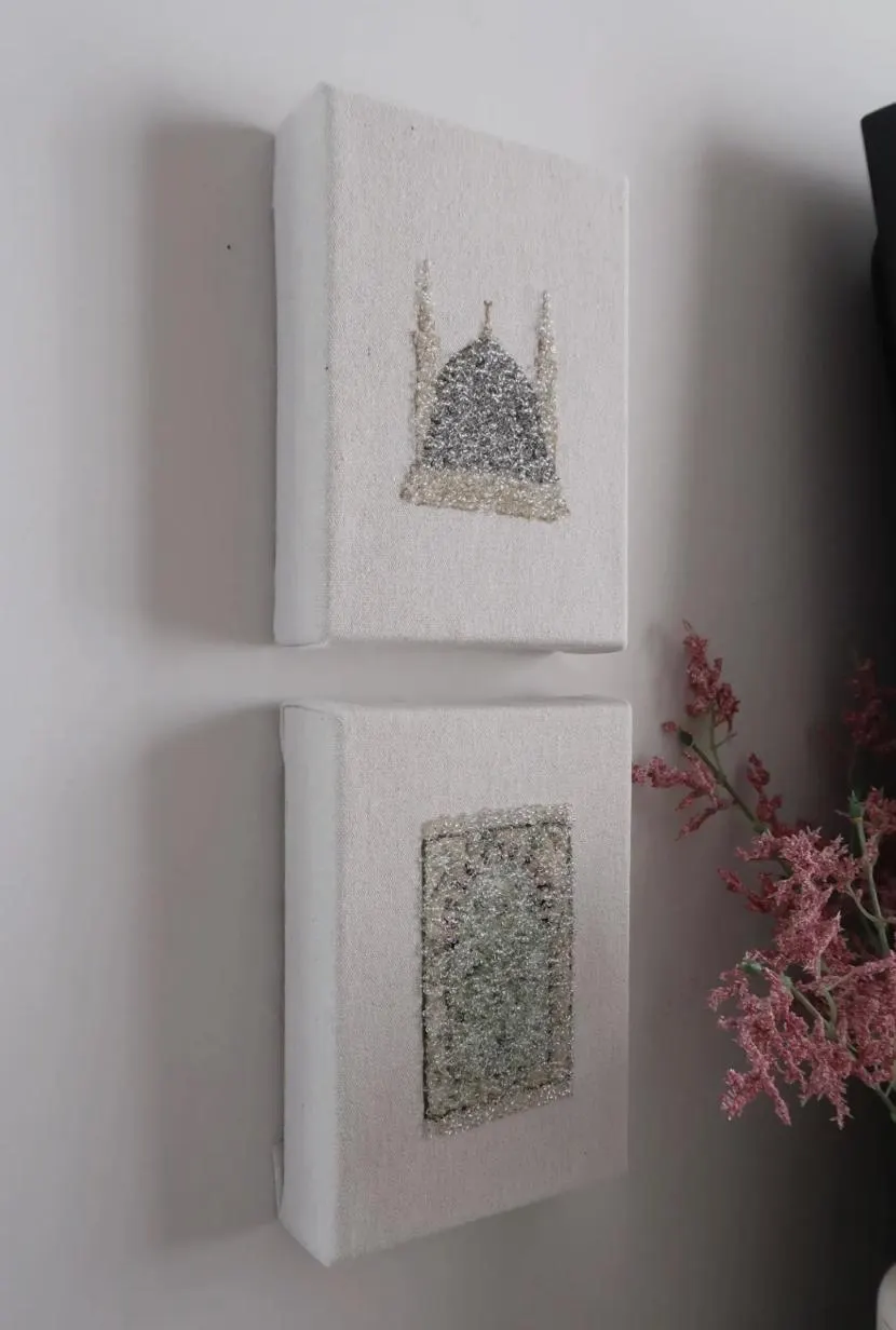 Handmade Beaded Islamic Art Shelf Decor | Masjid Designs, Canvas Frame - image 3