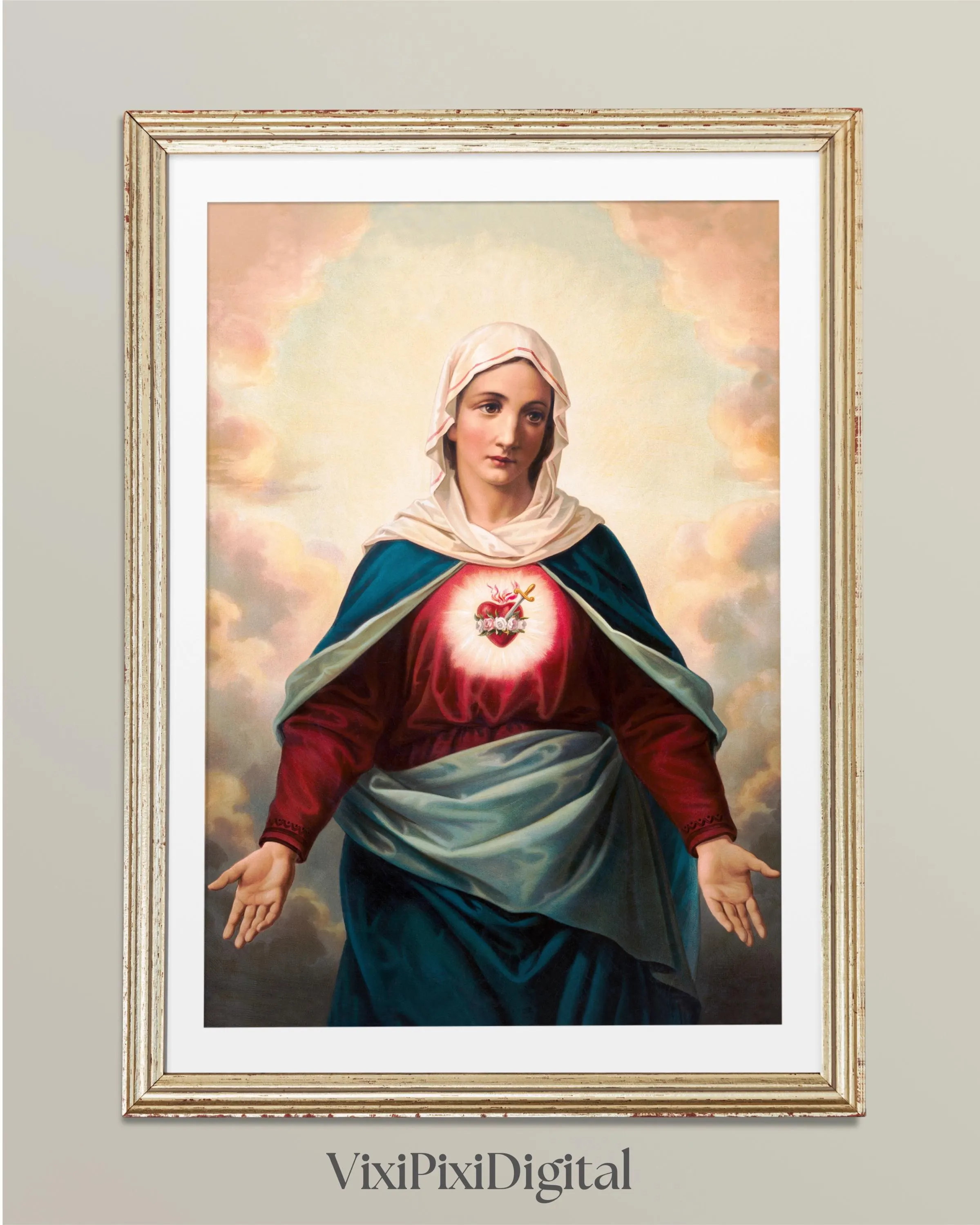 Virgin Mary Heart Emblem Vintage Art Print: Religious Easter Decor (Digital Download)