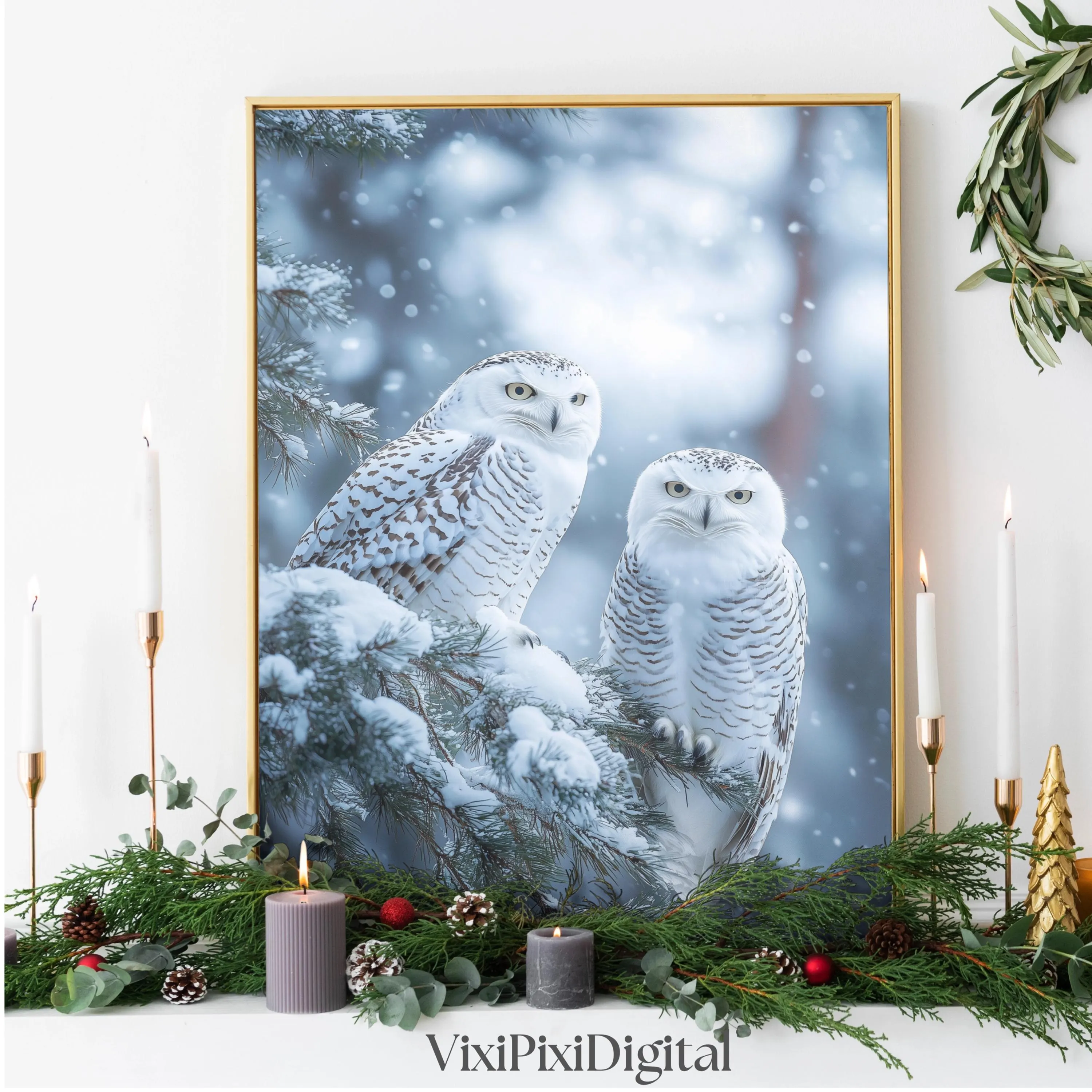 Snowy Owl Print: Winter Forest Scene, Holiday Wall Art (Digital Download) - image 4