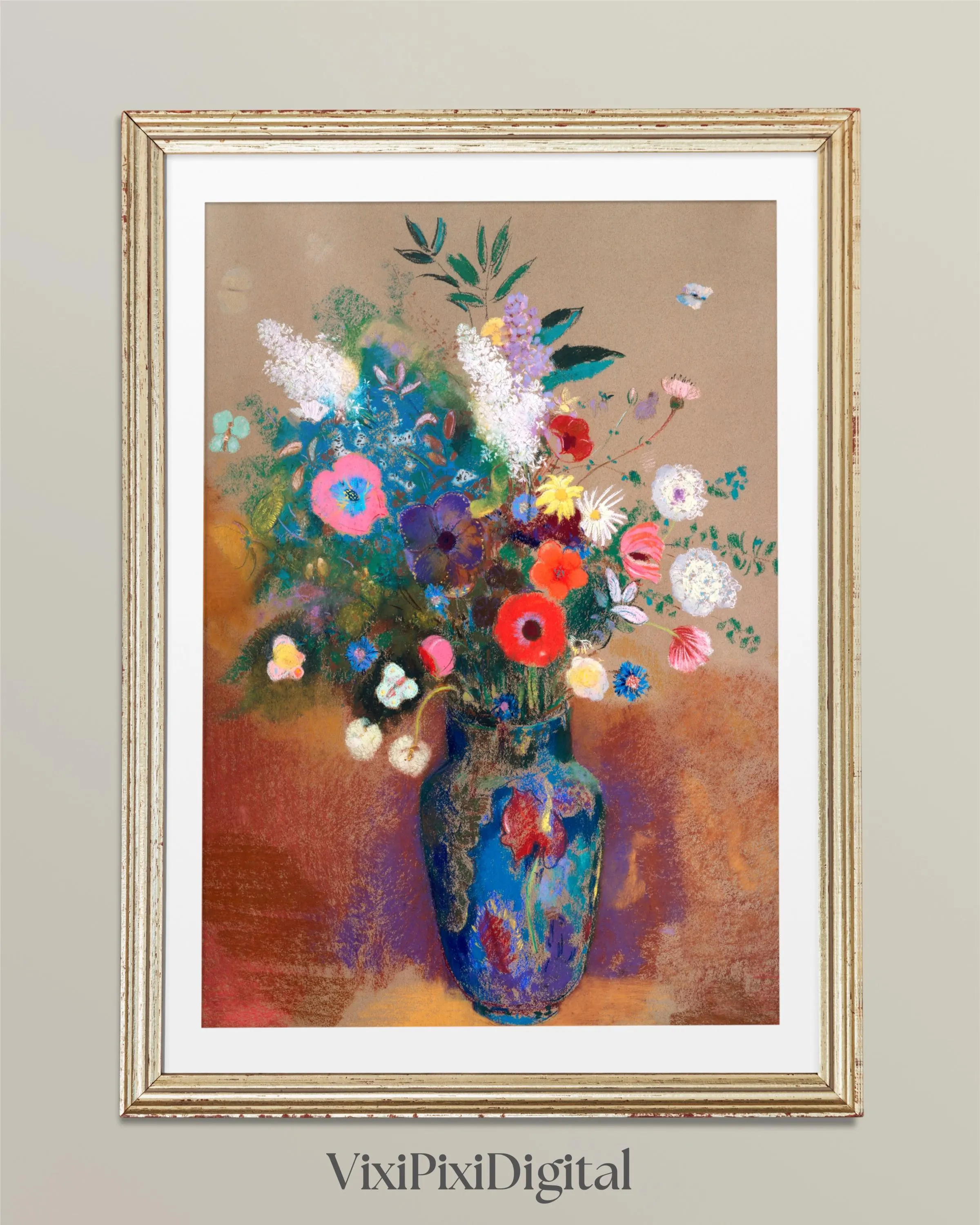 Vintage Floral Oil Painting Print: Redon Flower Bouquet (Digital Download)