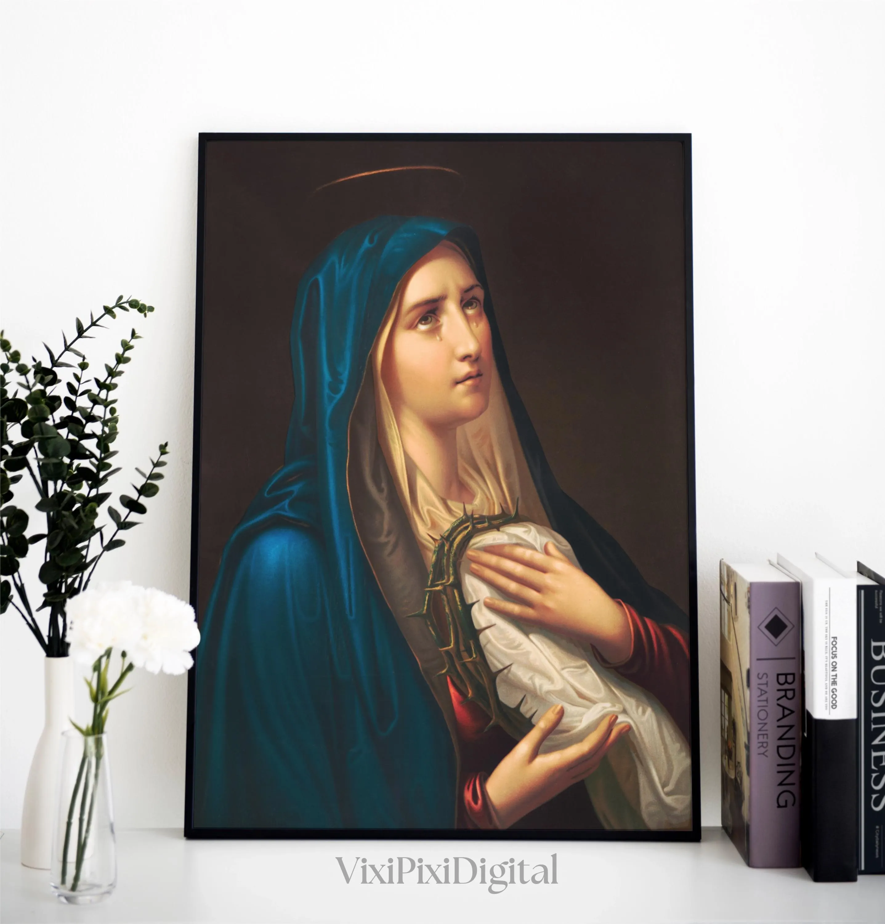 Virgin Crying Mary Art Print: Our Lady of Sorrows, Antique Religious Decor (Digital Download) - image 4