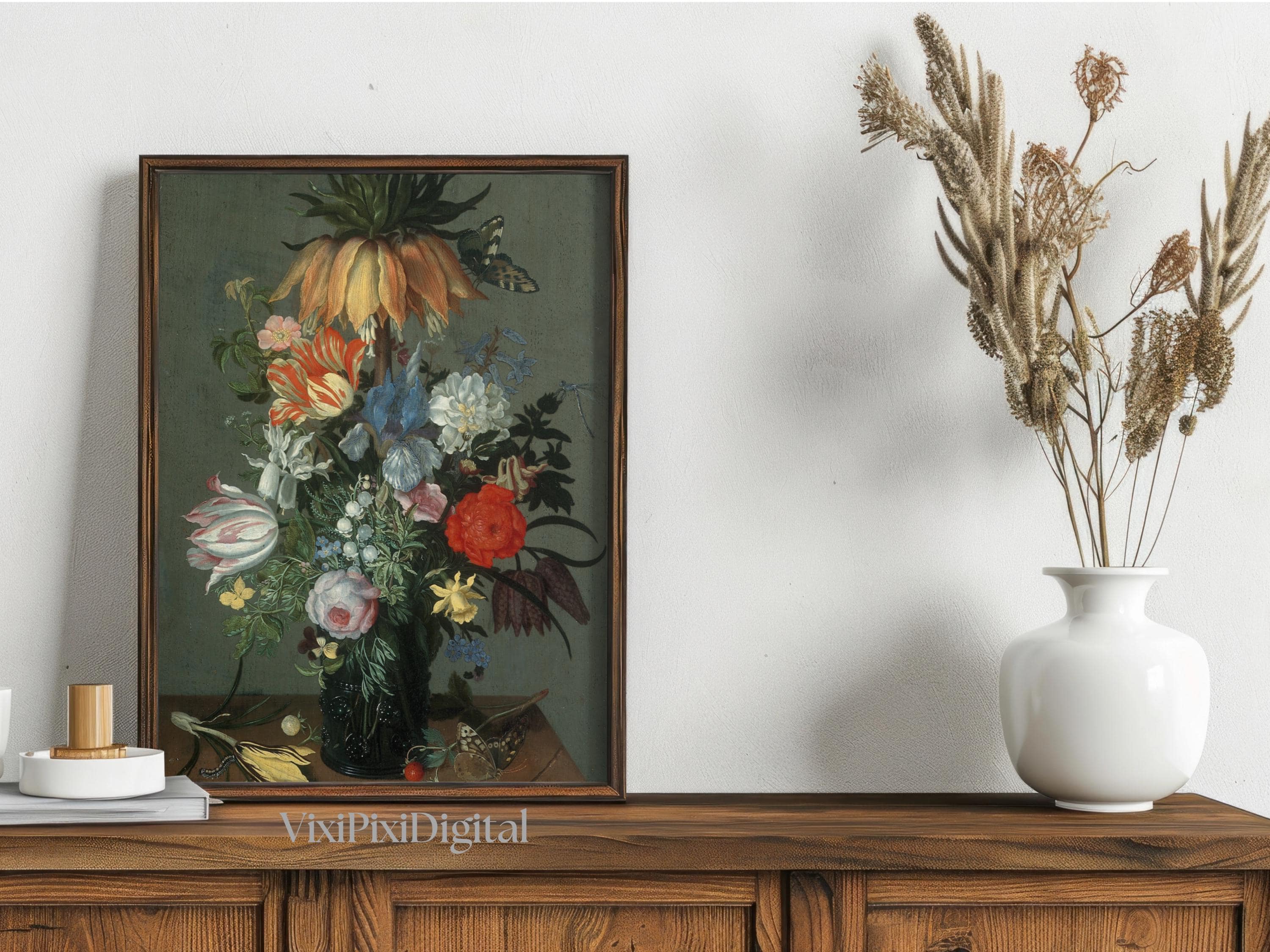 Antique Floral Still Life Painting: Dark Moody Academia Decor (Digital Download) - image 4