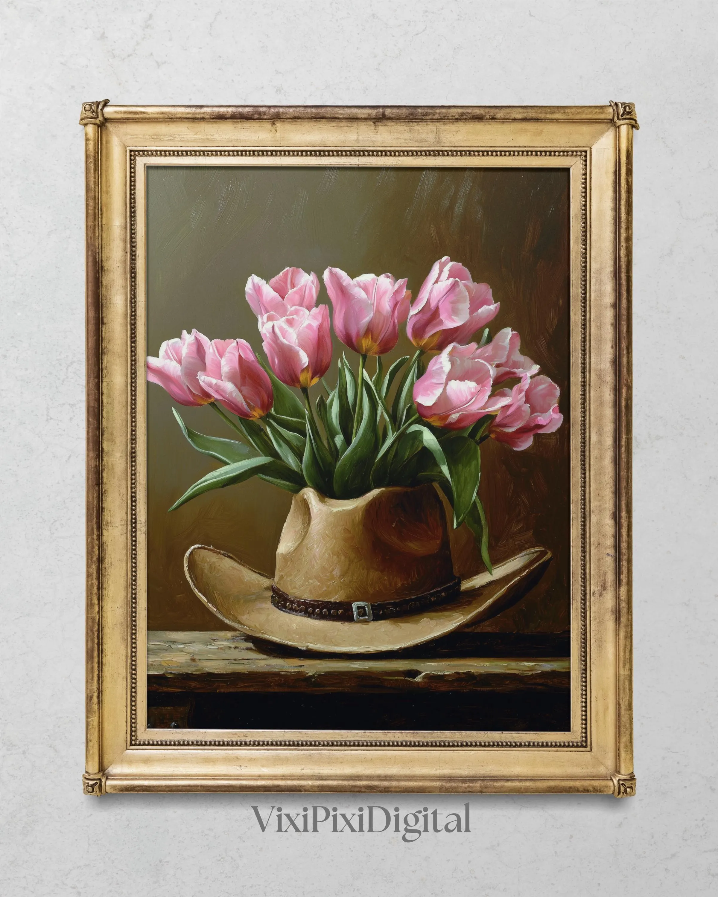 Pink Tulips in Cowboy Hat Art Print: Western Floral (Digital Download)
