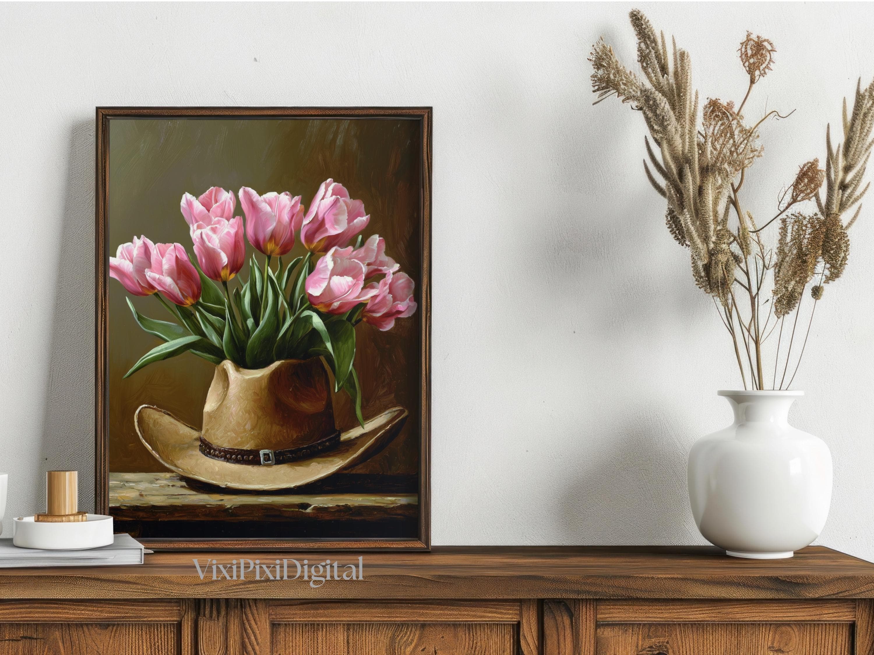 Pink Tulips in Cowboy Hat Art Print: Western Floral (Digital Download) - image 2