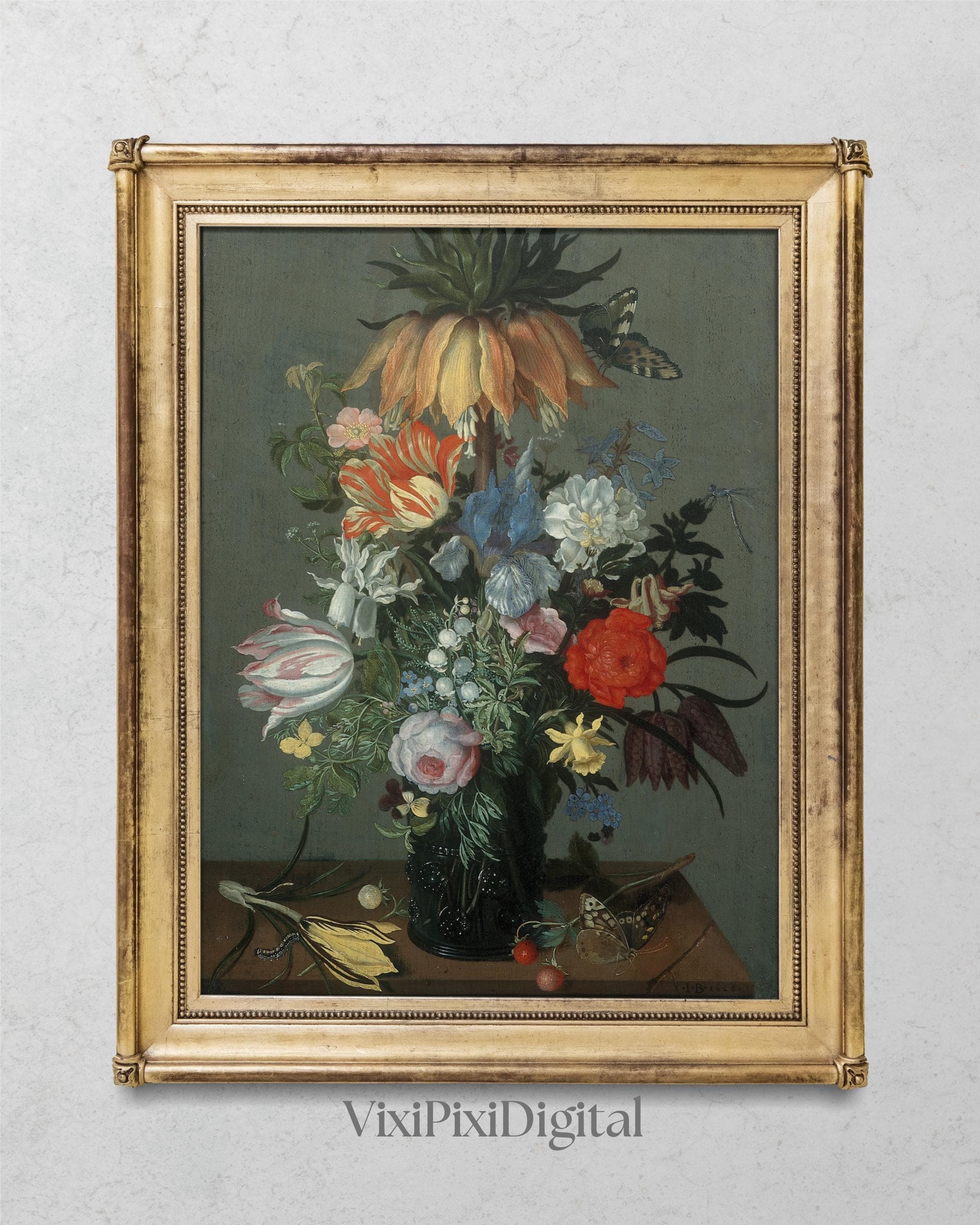 Antique Floral Still Life Painting: Dark Moody Academia Decor (Digital Download)