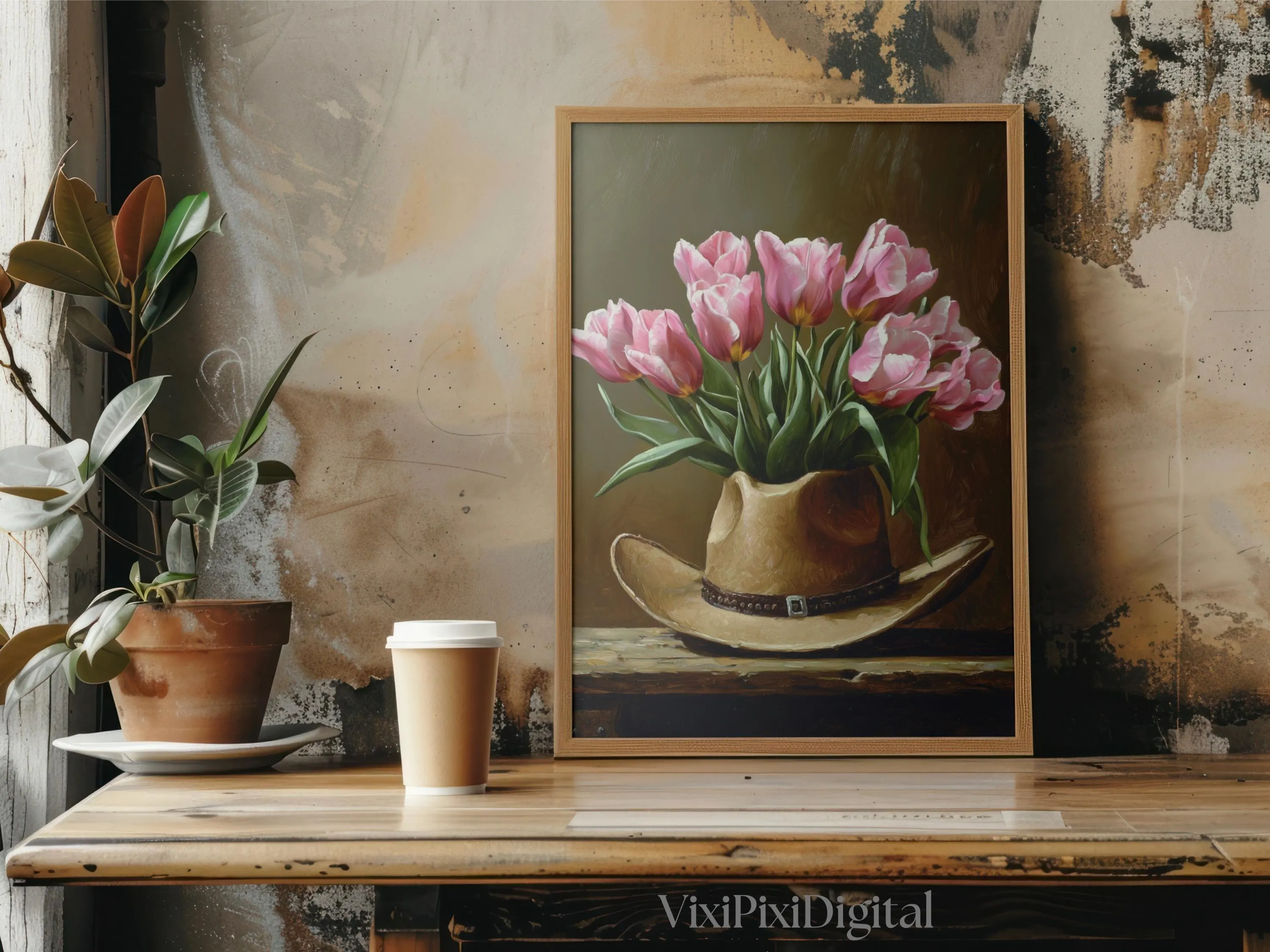 Pink Tulips in Cowboy Hat Art Print: Western Floral (Digital Download) - image 4