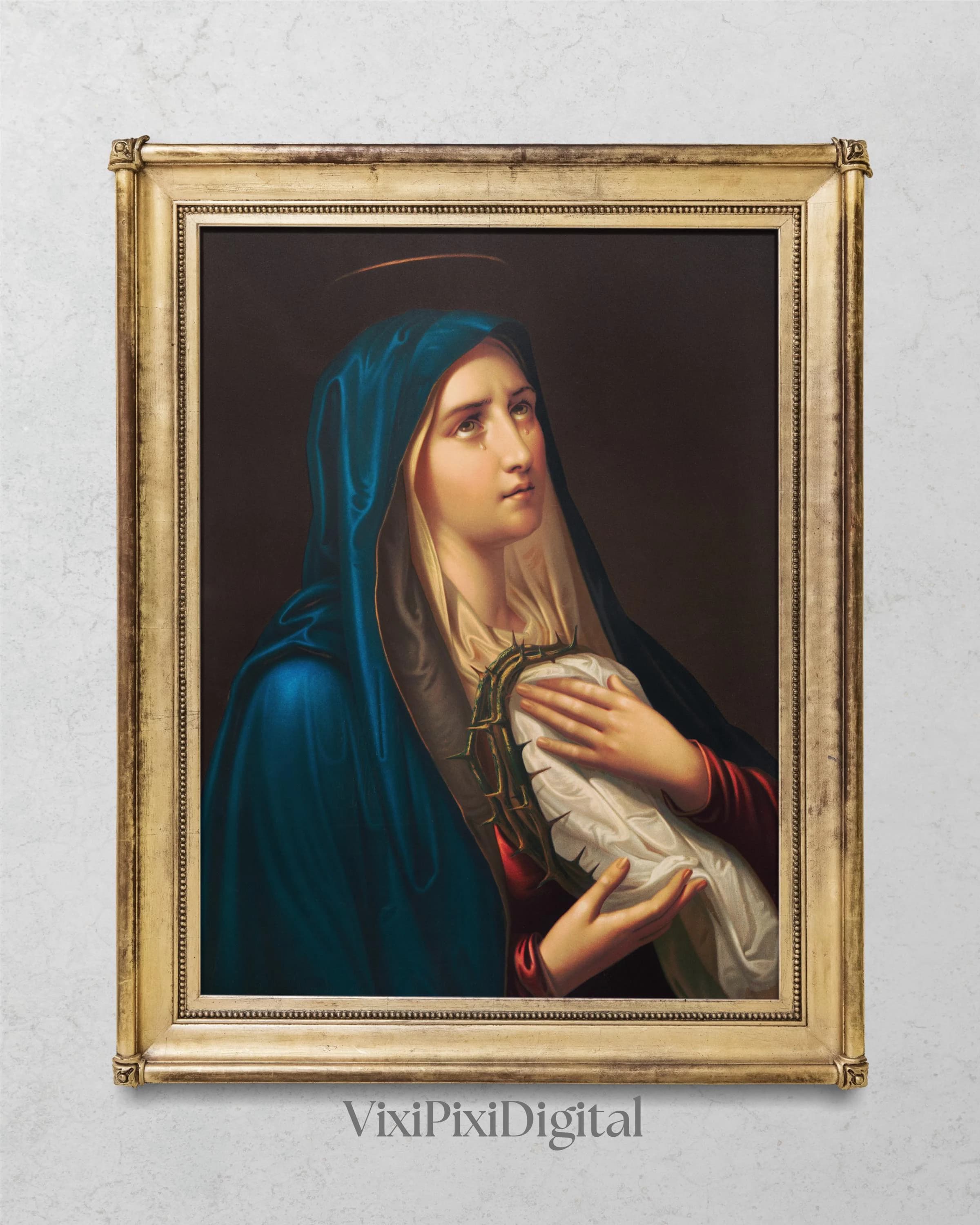 Virgin Crying Mary Art Print: Our Lady of Sorrows, Antique Religious Decor (Digital Download)
