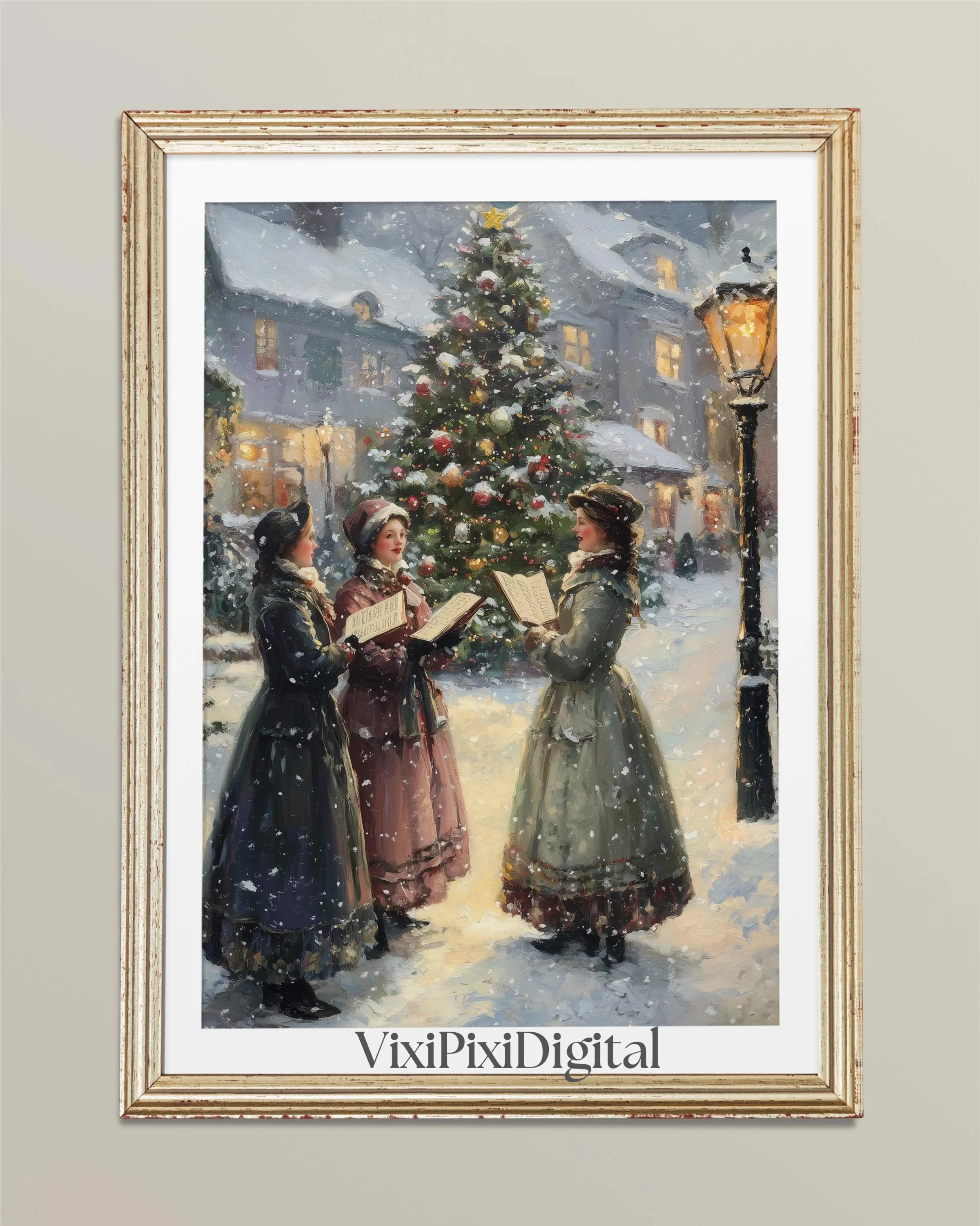 Girls singing Carols Vintage Christmas Wall Art Printable: Oil Painting (Digital Download)