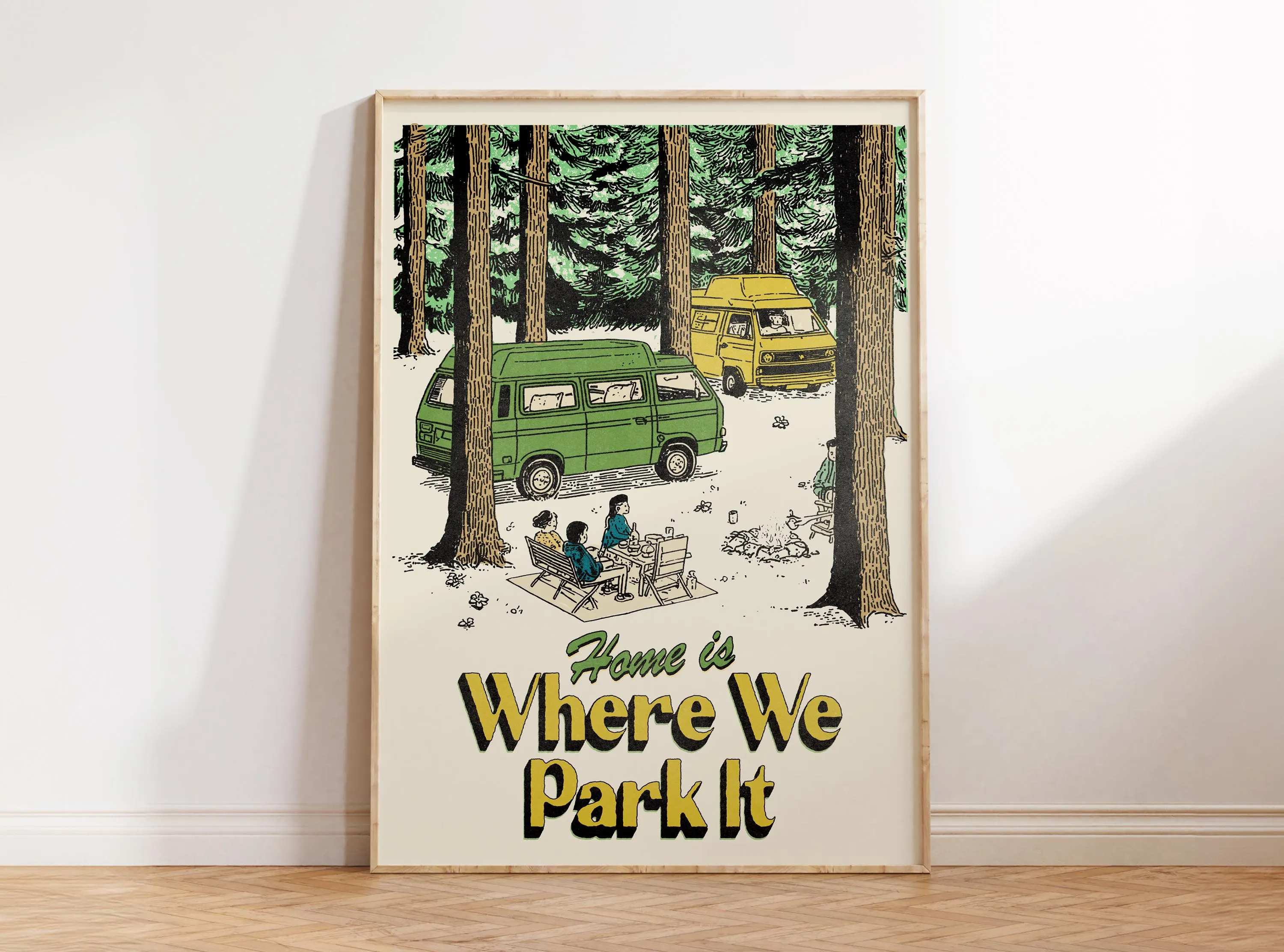 Home is Where We Park It, Retro Camp Print, Outdoors Art, Happy Camper Poster, Nature Art, Cabin Decor