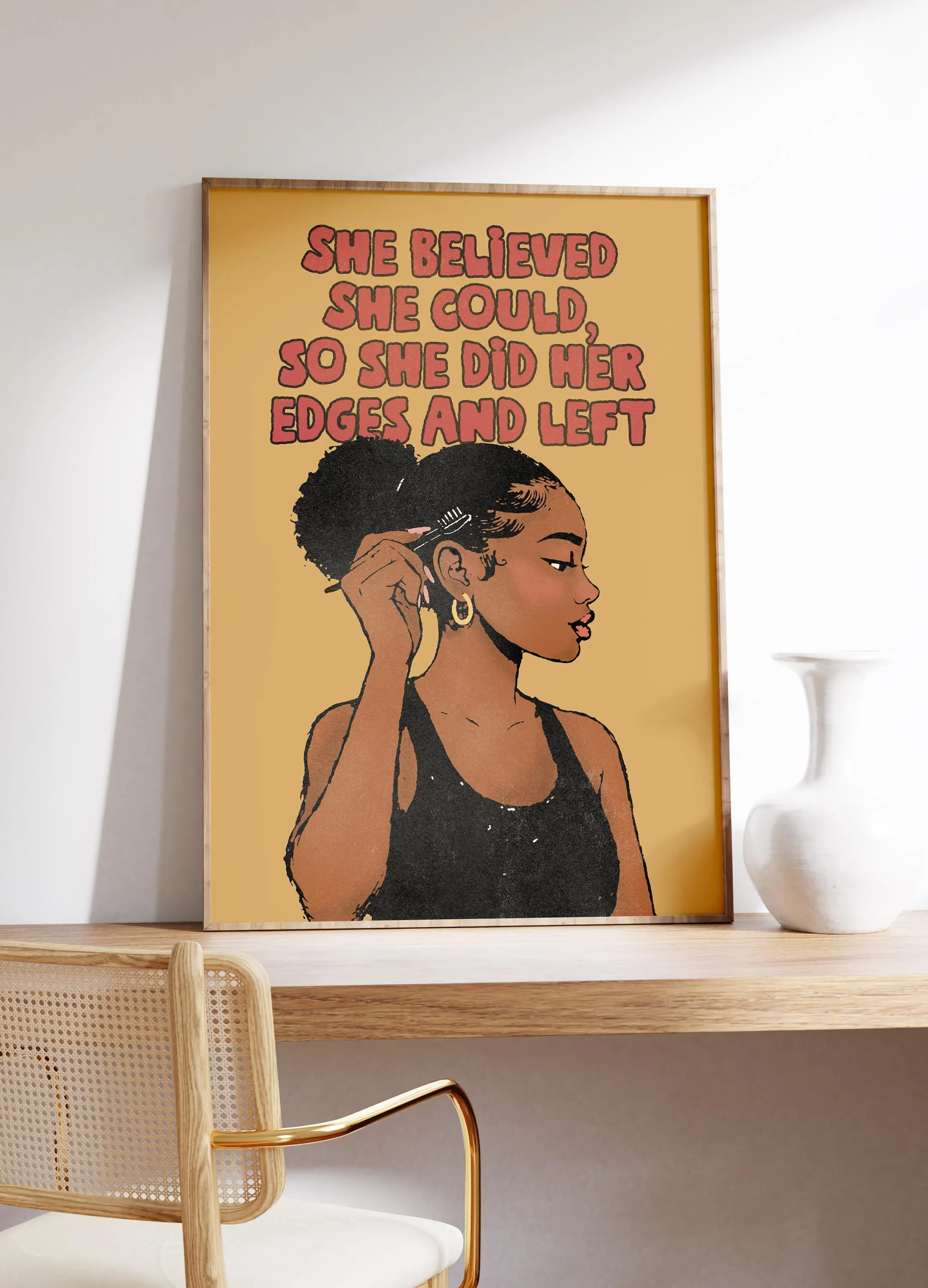 She Did Her Edges, Black Woman Art Print, Retro Bathroom Wall Art, African American Wall Art, Black Excellence, Girly Bedroom Ebony - image 4