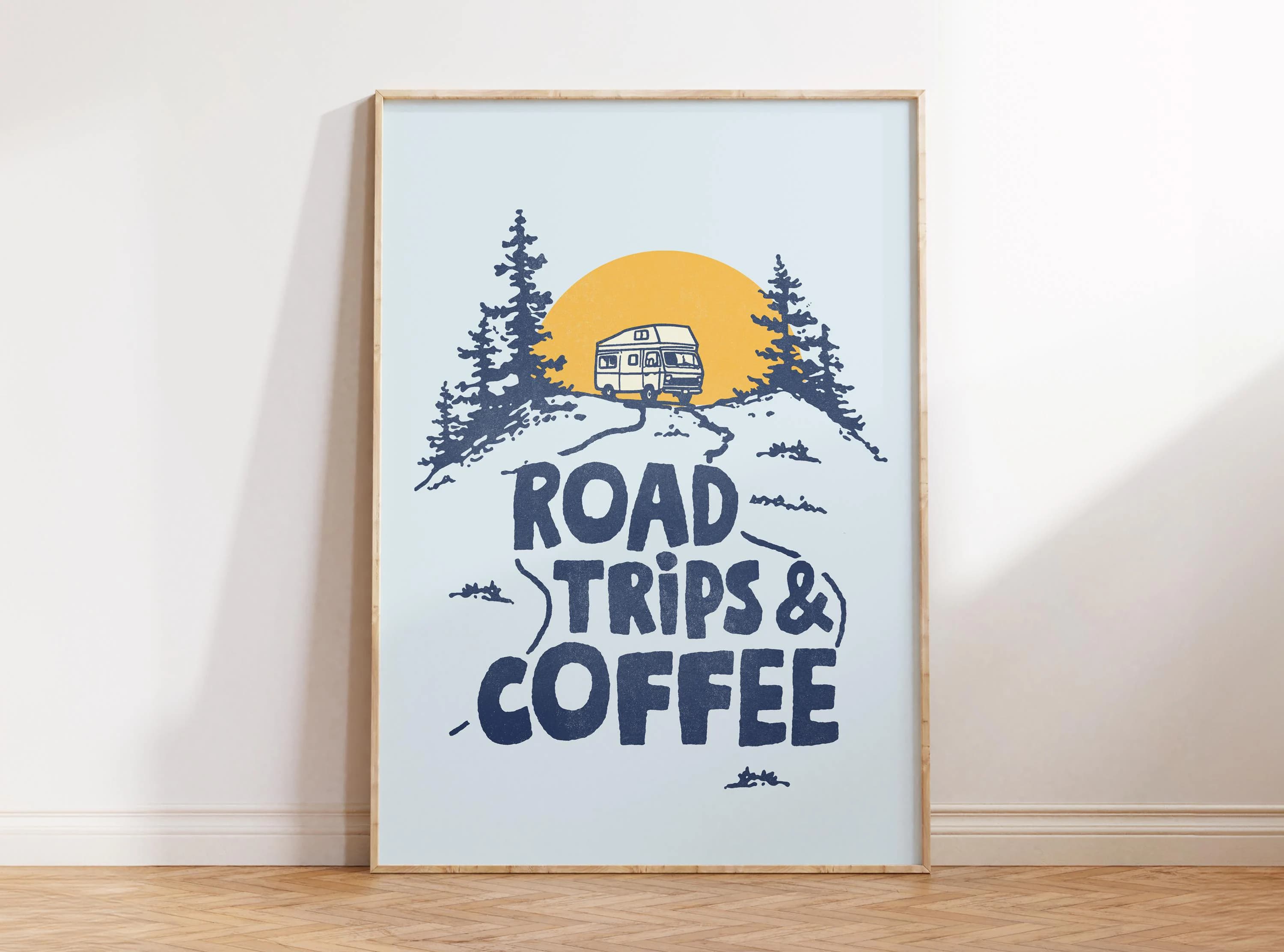 Road Trips & Coffee Print, Retro Camp Print, Outdoors Art, Happy Camper Poster, Nature Art, Cabin Decor