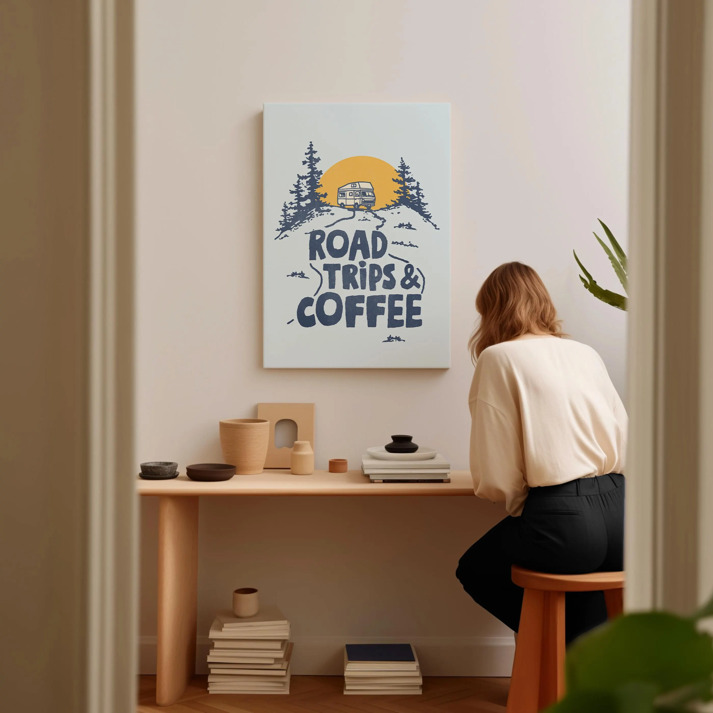 Road Trips & Coffee Print, Retro Camp Print, Outdoors Art, Happy Camper Poster, Nature Art, Cabin Decor - image 4