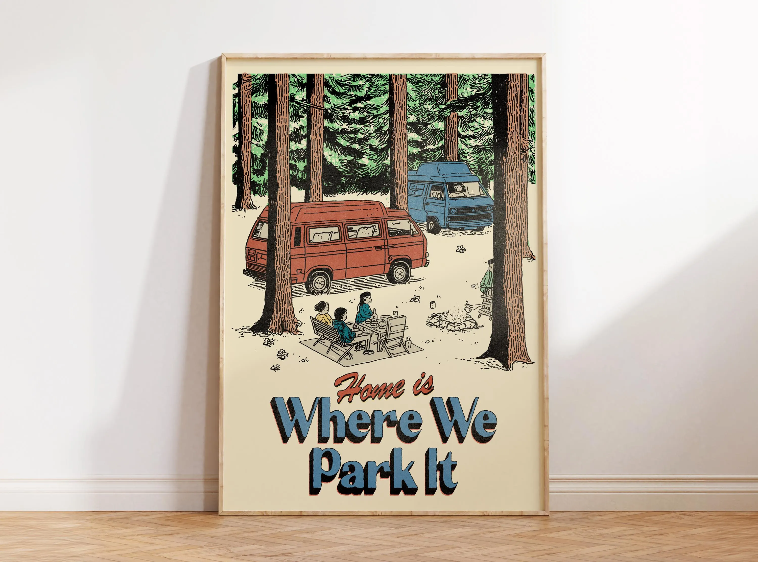 Home is Where We Park It, Retro Camp Print, Outdoors Art, Happy Camper Poster, Nature Art, Cabin Decor