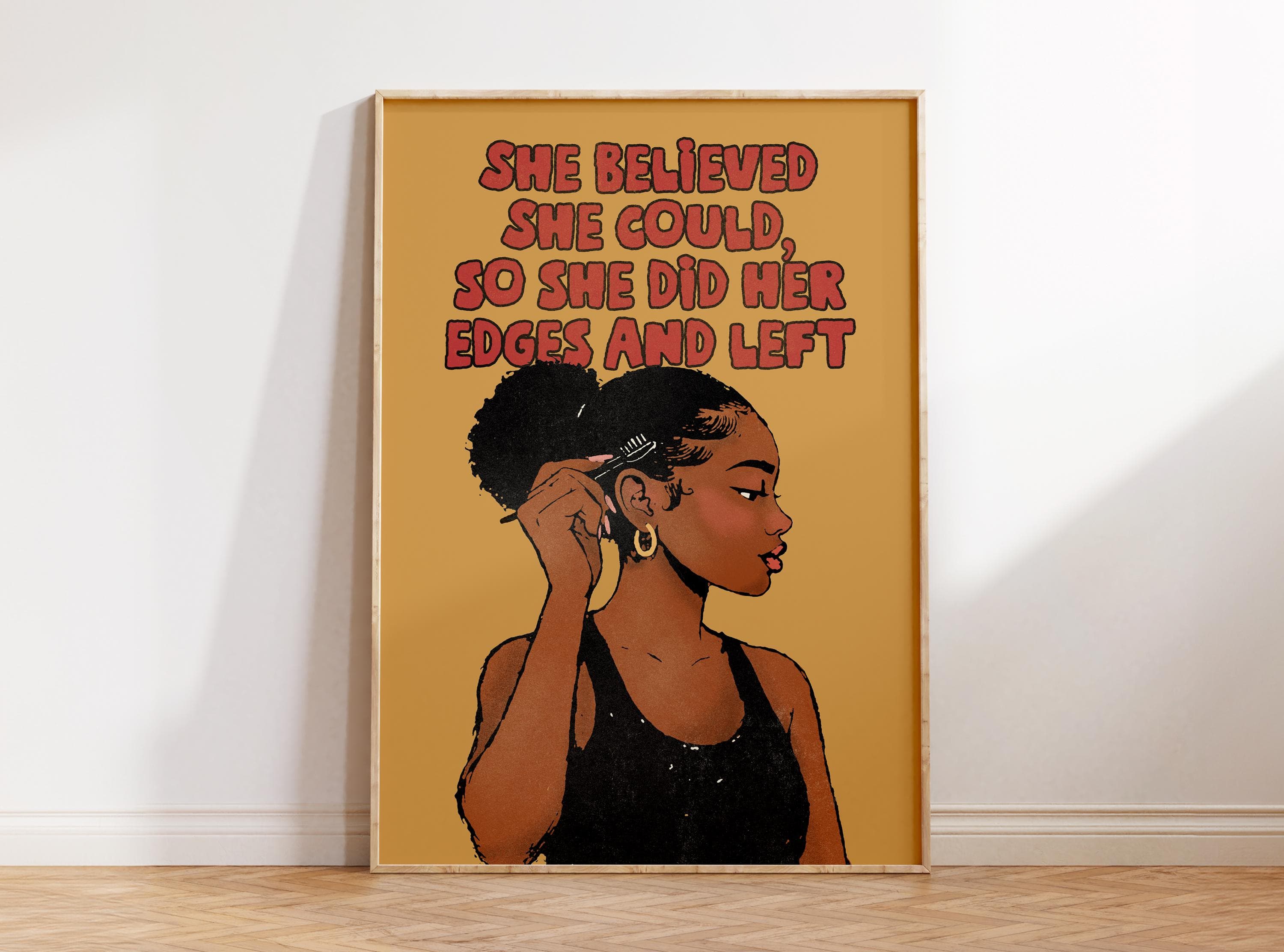 She Did Her Edges, Black Woman Art Print, Retro Bathroom Wall Art, African American Wall Art, Black Excellence, Girly Bedroom Ebony