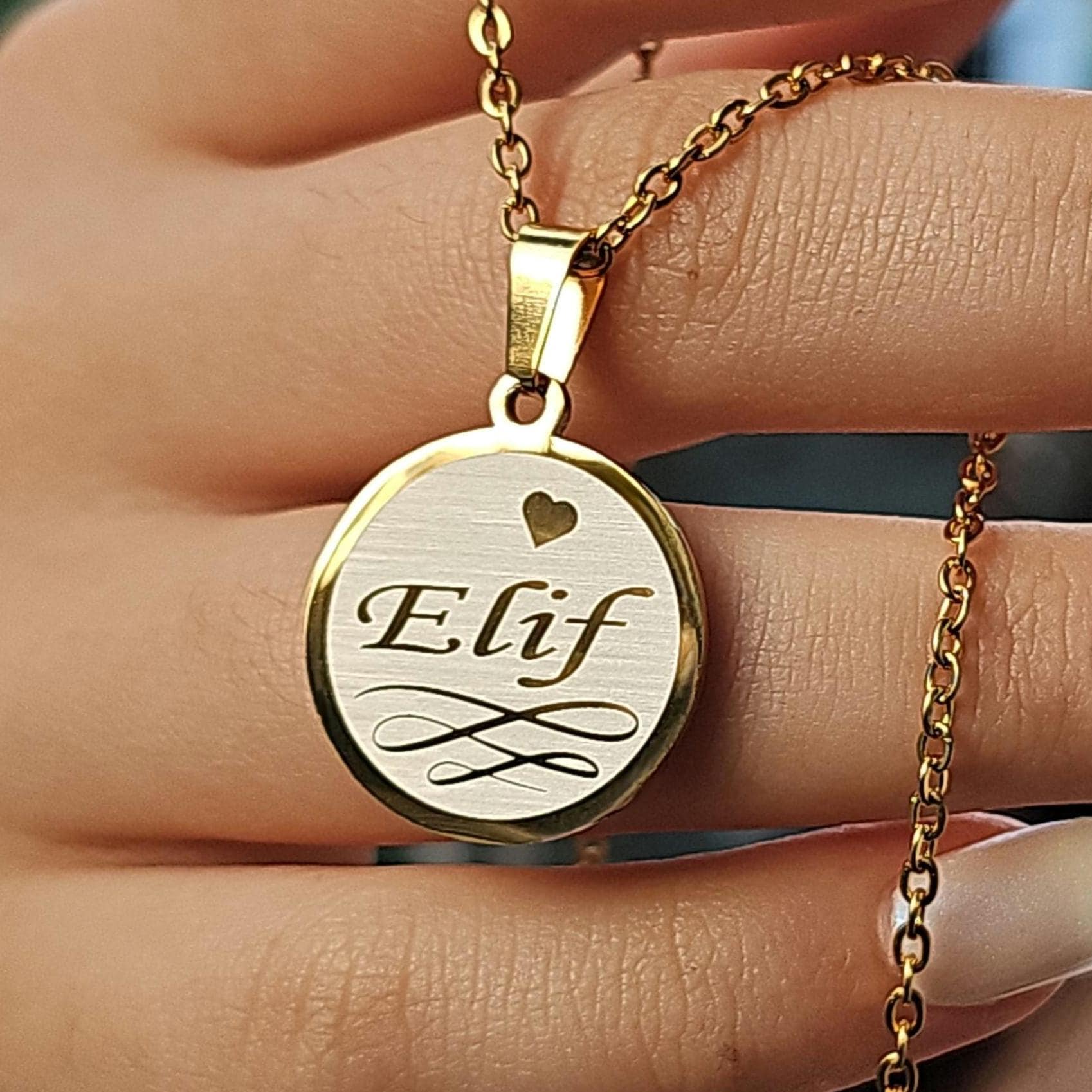 Personalized Name Necklace: Gold Stainless Steel Round Pendant