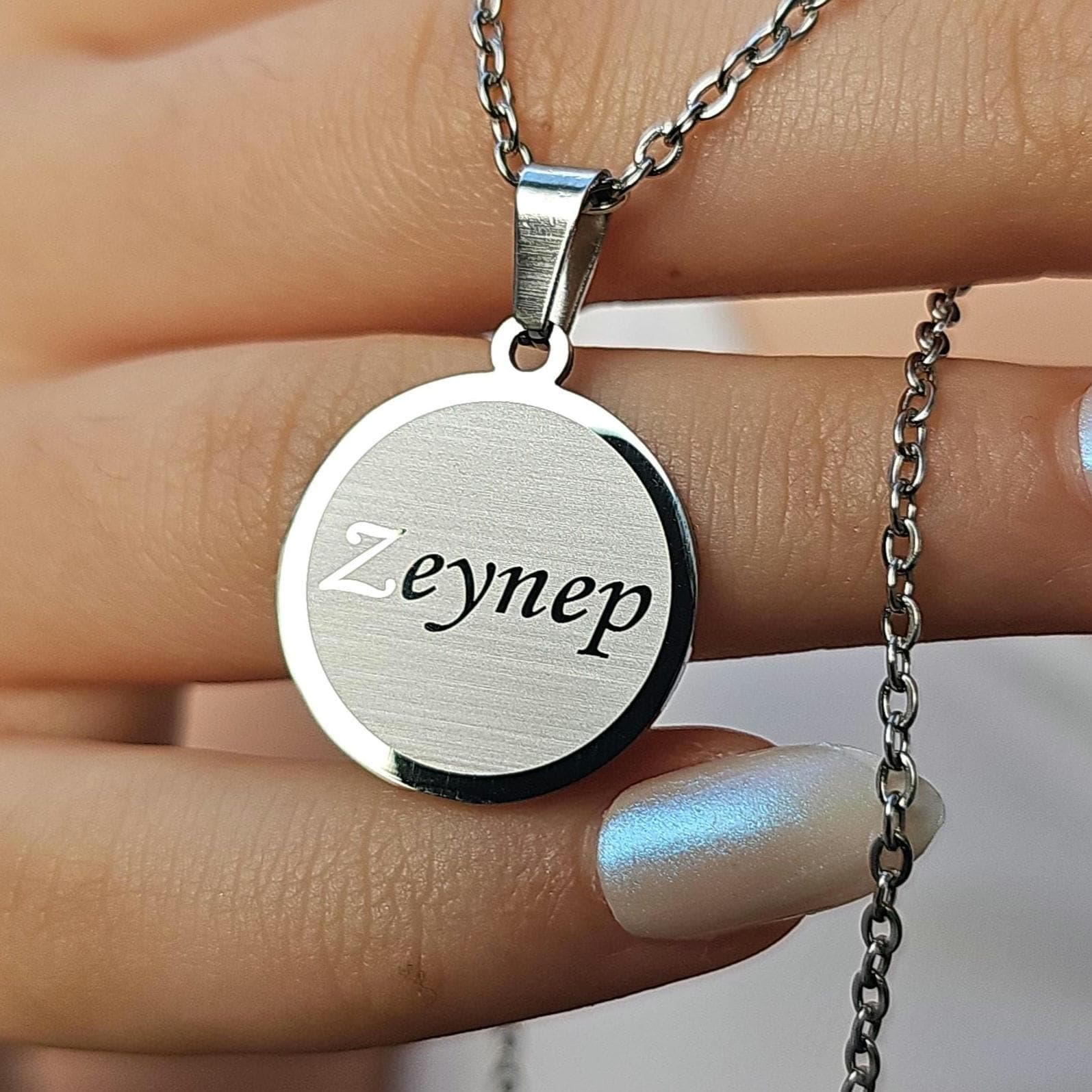 Personalized Stainless Steel Name Necklace, Engraved Round Pendant