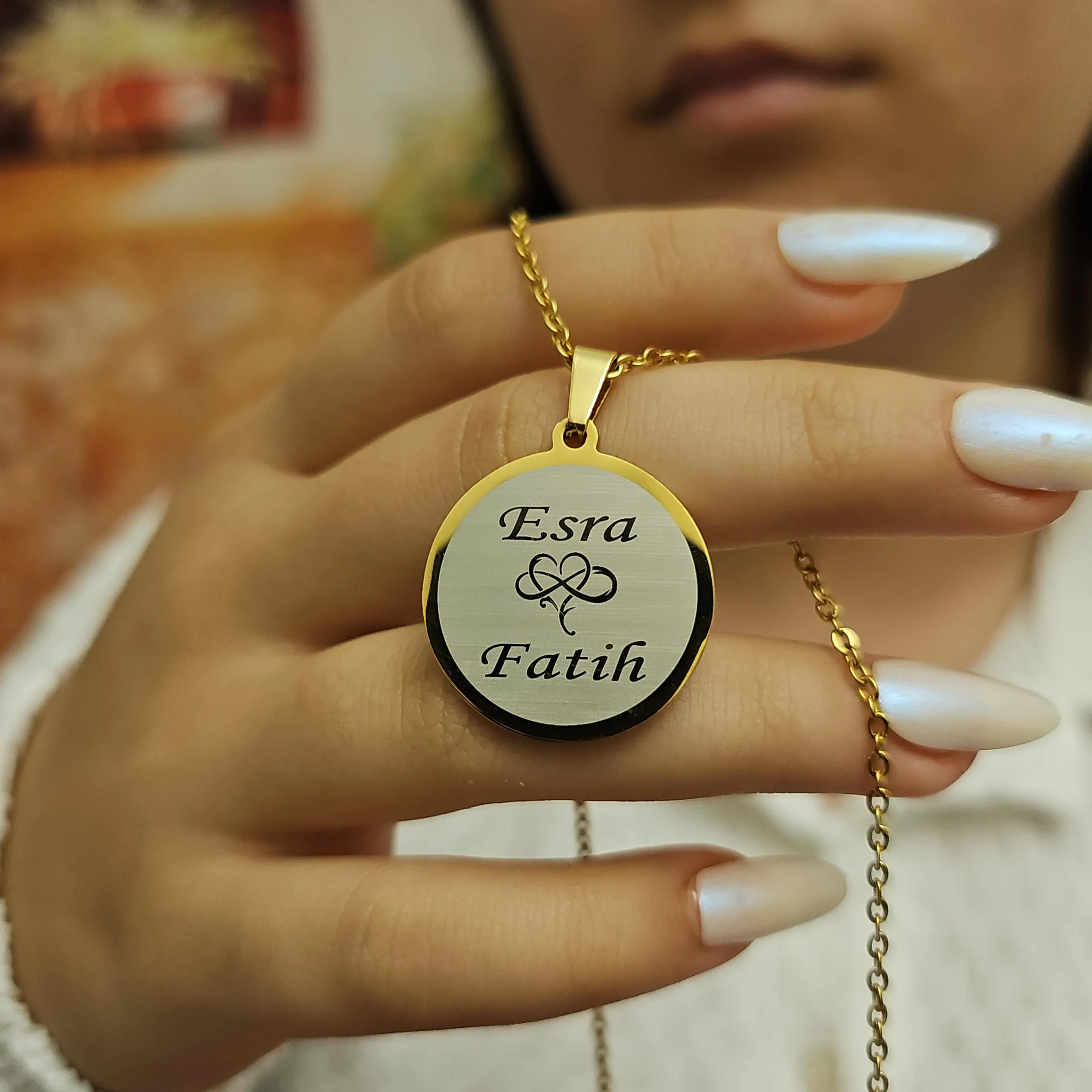 Personalized Family Name Necklace: Gold Stainless Steel Round Pendant - image 4