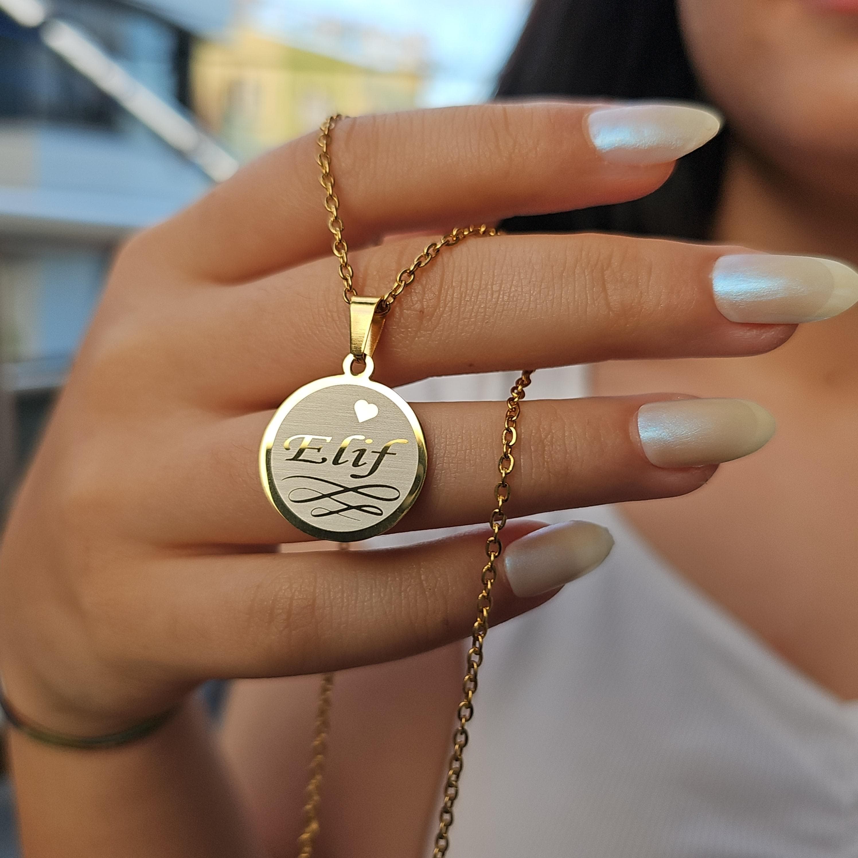 Personalized Name Necklace: Gold Stainless Steel Round Pendant - image 5