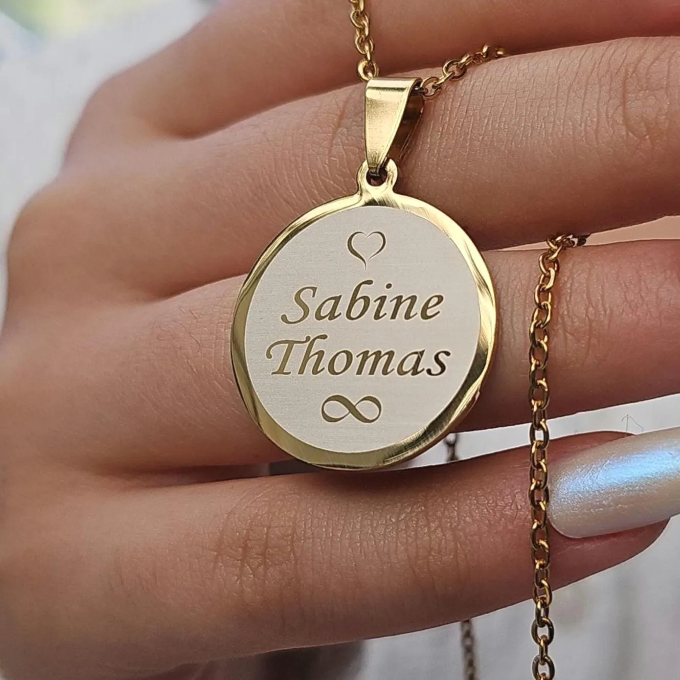 Personalized Gold Family Name Necklace: Stainless Steel Round Pendant
