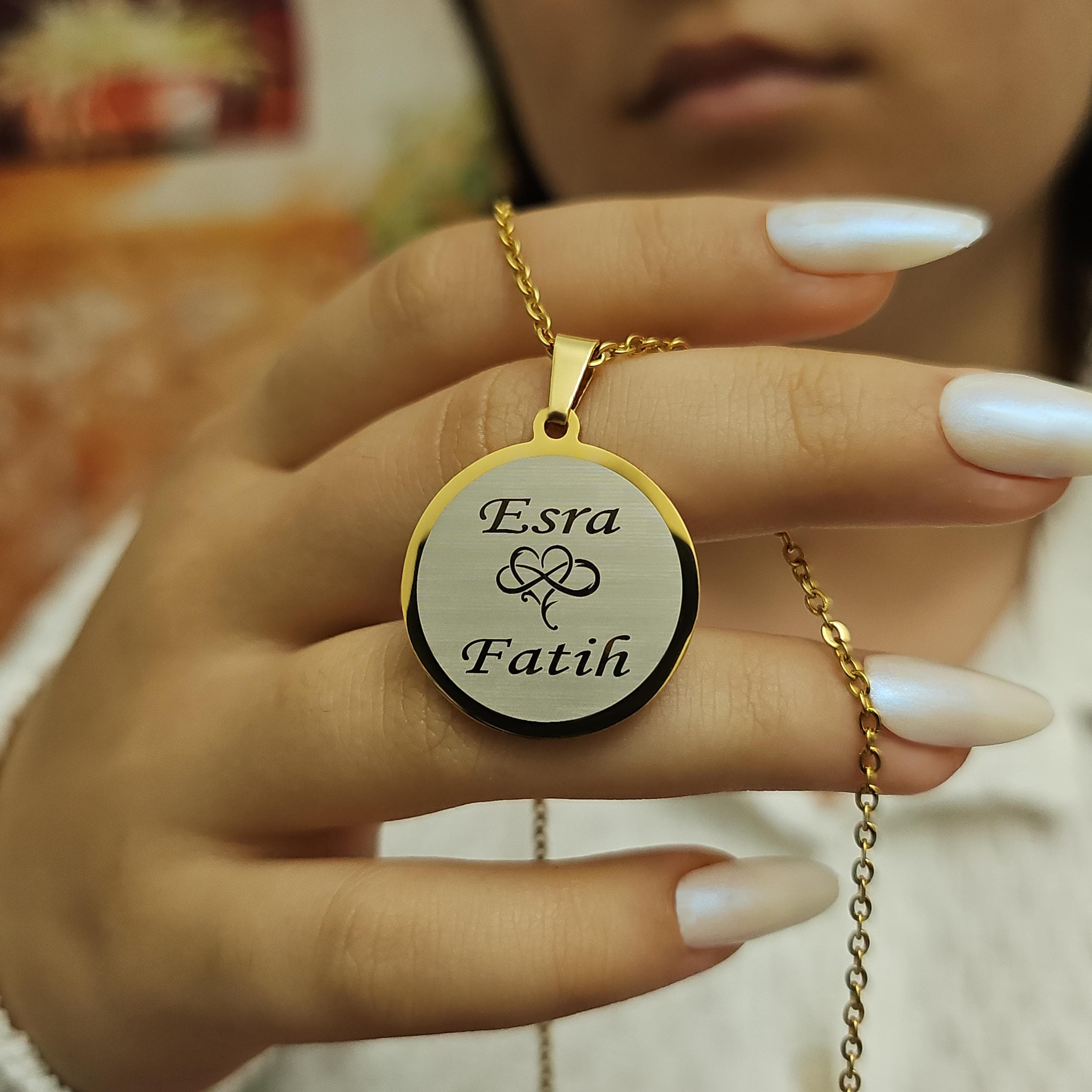 Personalized Family Name Necklace: Gold Stainless Steel Round Pendant - image 5