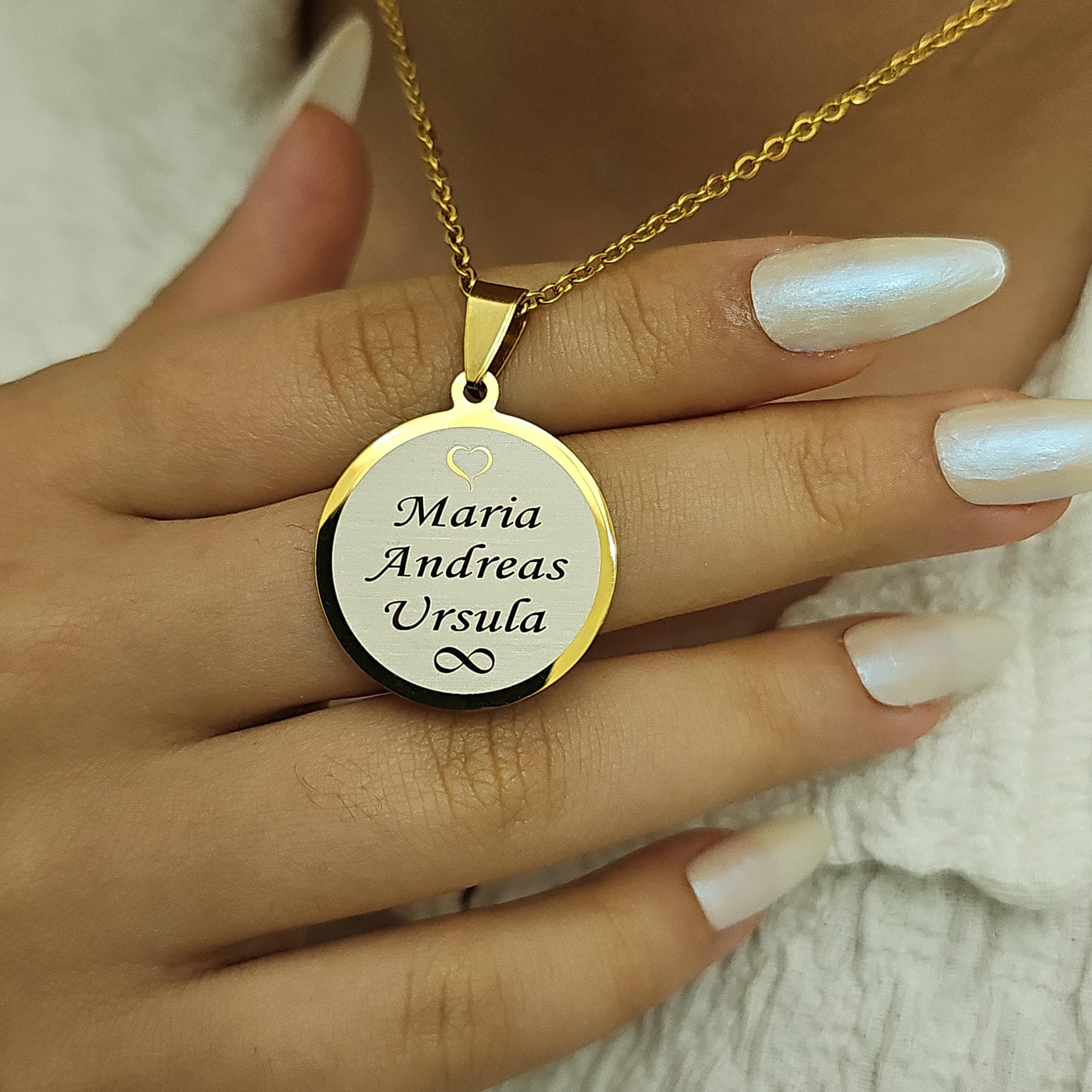 Personalized Gold Family Name Necklace: Stainless Steel Round Pendant