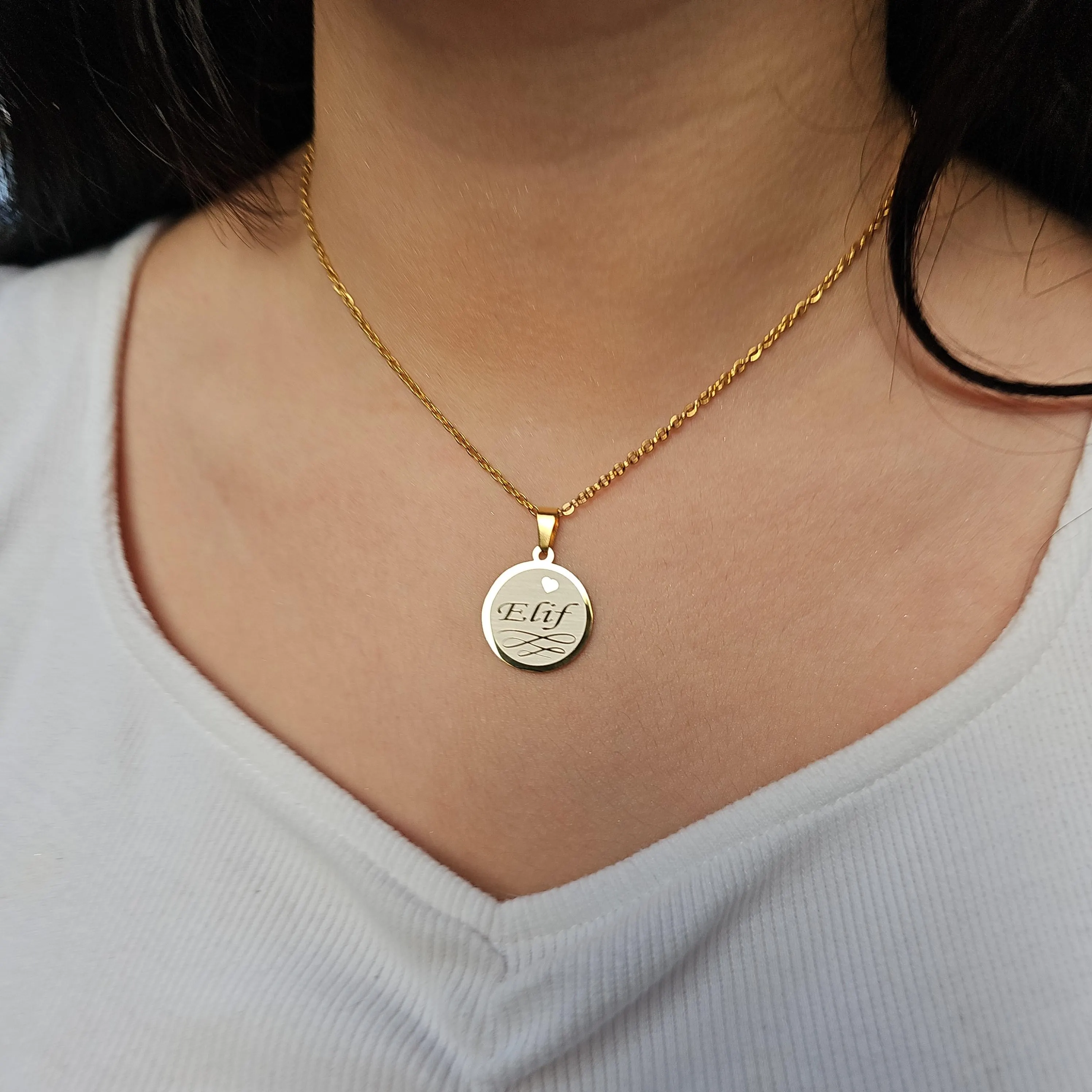 Personalized Name Necklace: Gold Stainless Steel Round Pendant - image 4