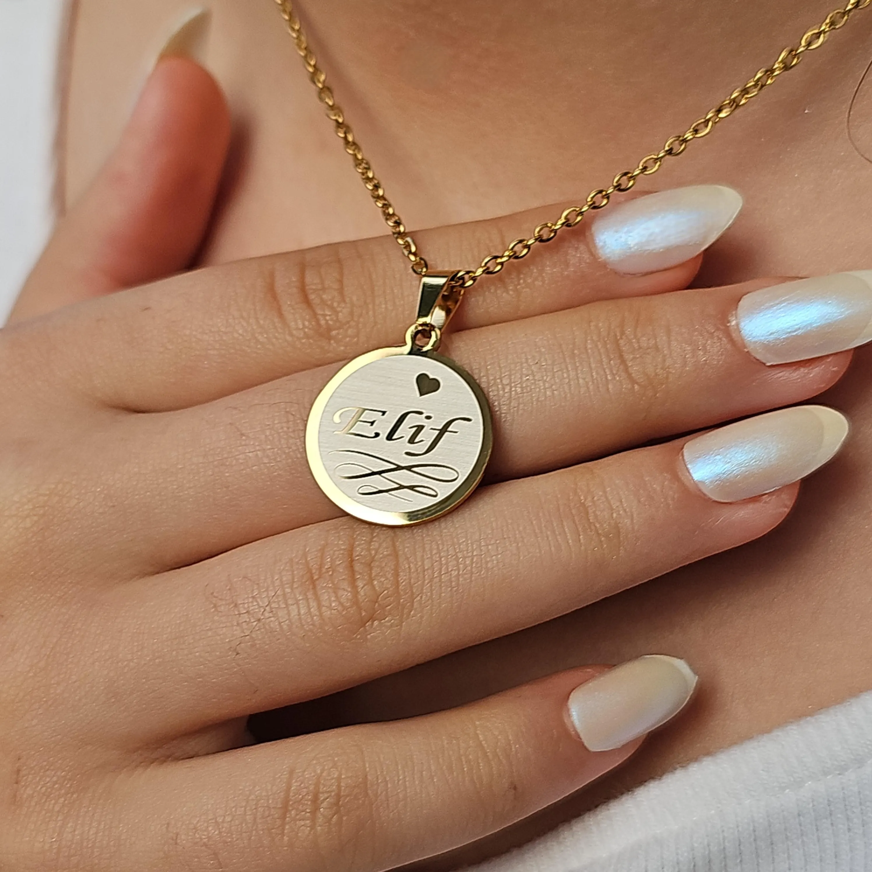 Personalized Name Necklace: Gold Stainless Steel Round Pendant - image 3