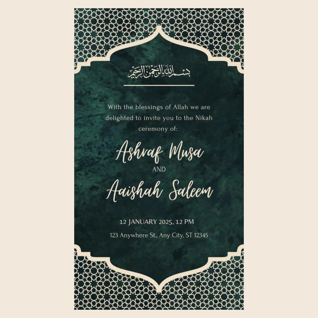 Elegant Green Cream Nikah Invitation | Modern Muslim Wedding (Digital Download)