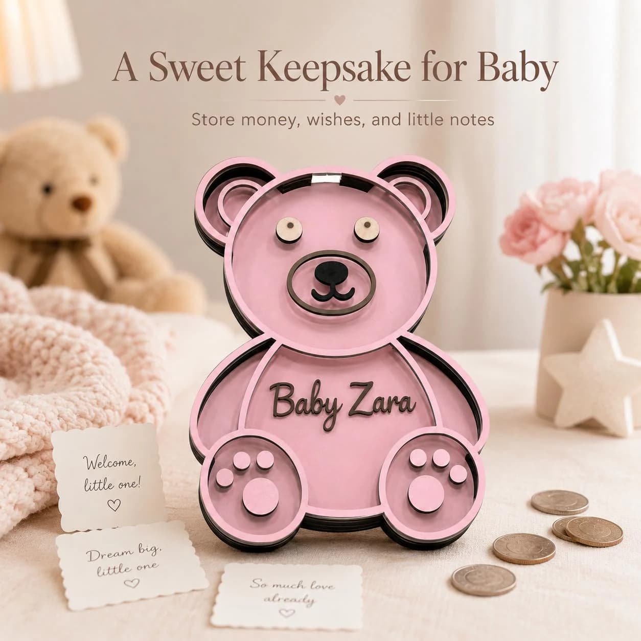 Baby Bear Bank SVG | Laser Cut Teddy Bear Keepsake File (Digital Download)