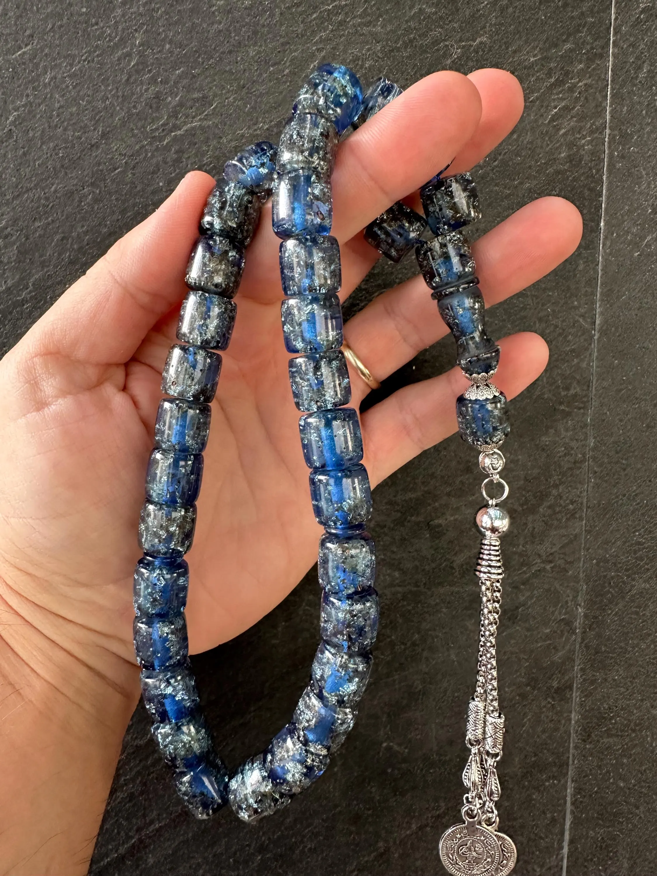 Blue Resin Tasbih – 33 Beads with Silver Flake Accents, Handmade Prayer Beads