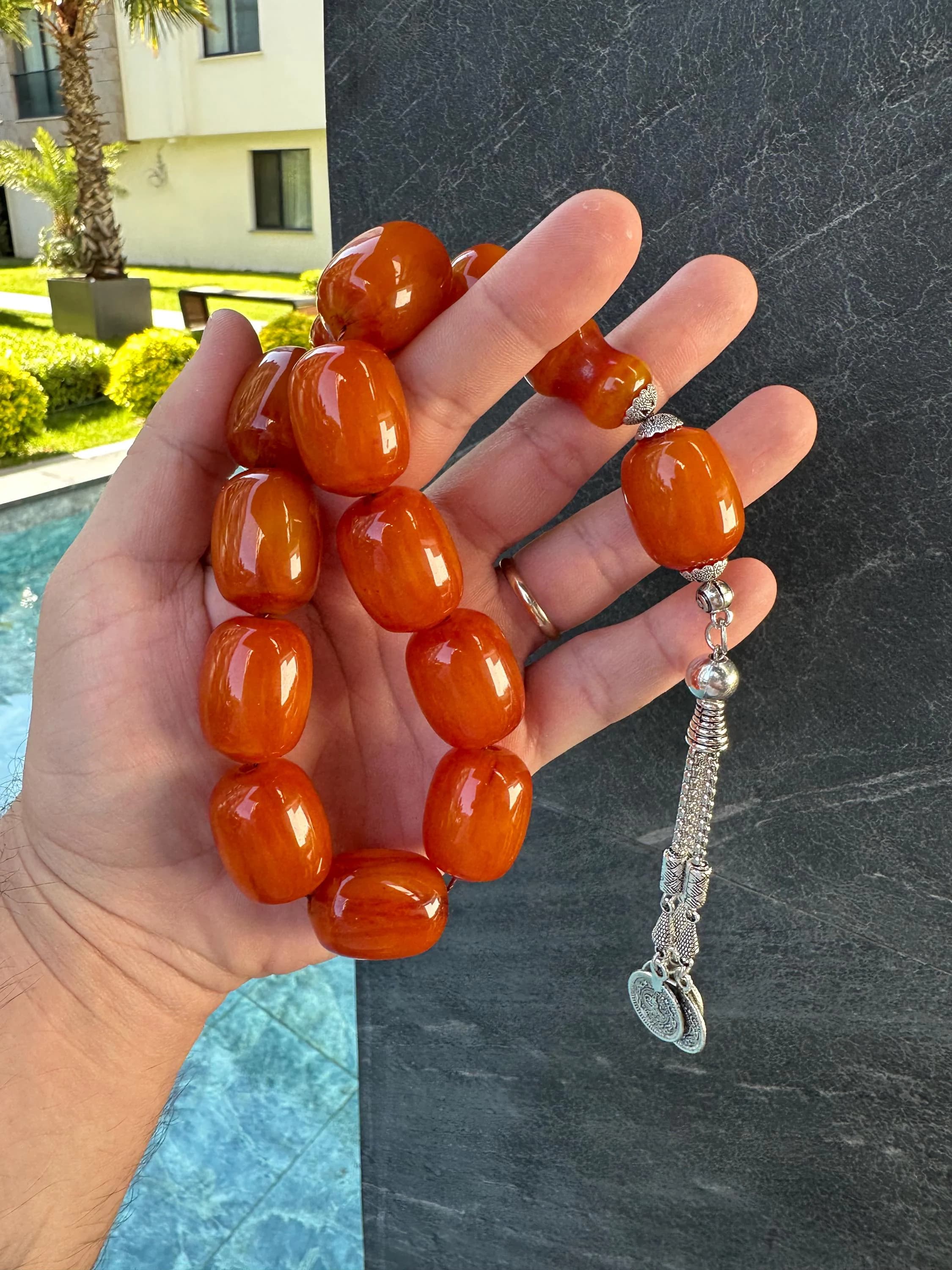 Chunky Amber Orange Tesbih – Handmade Prayer Beads with Silver Tassel, Islamic Gift for Men