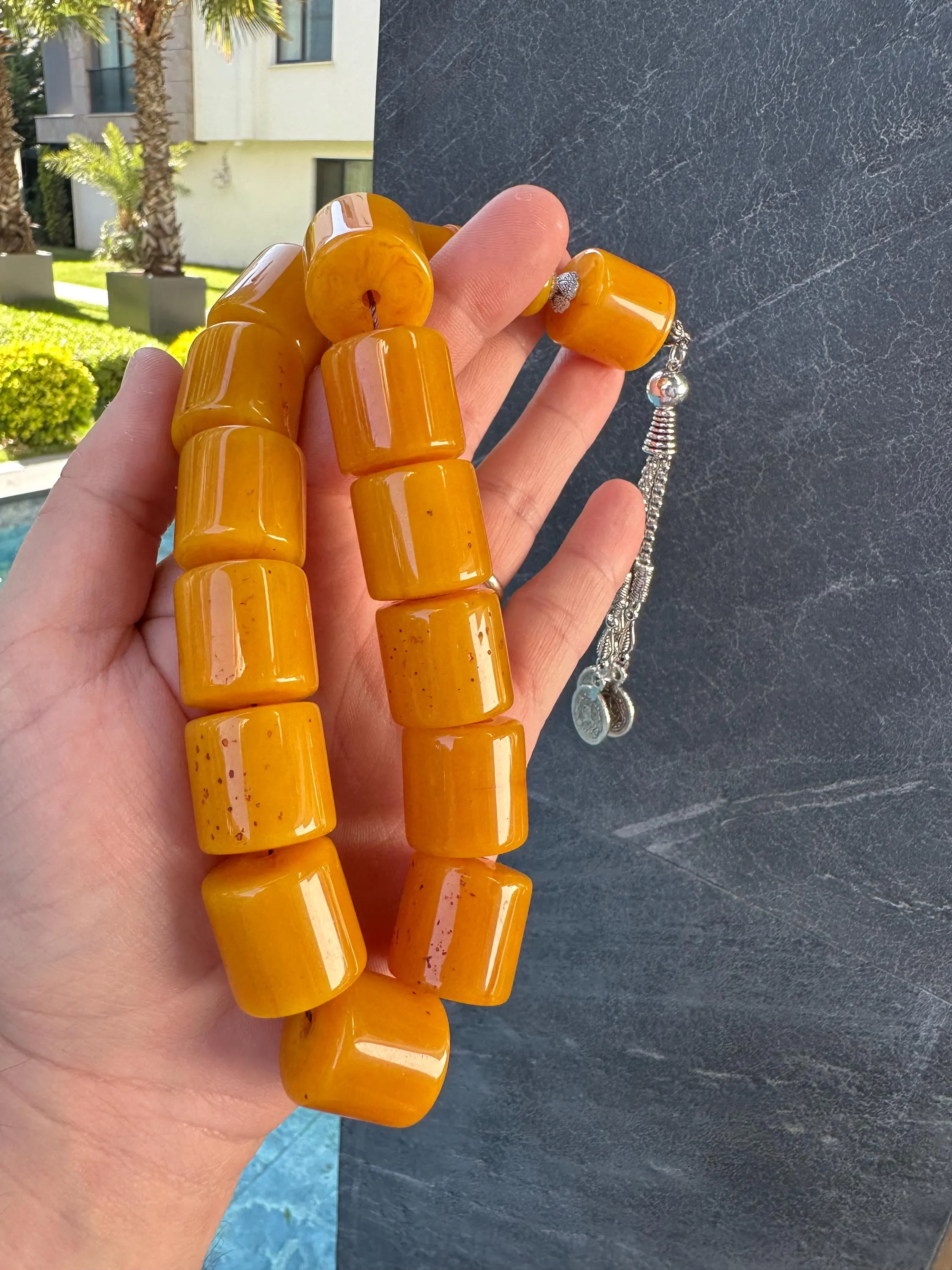 Handmade Amber-Look Tesbih – 13-Bead Pocket Islamic Prayer Beads with Silver Tassel, Gift for Him - image 2