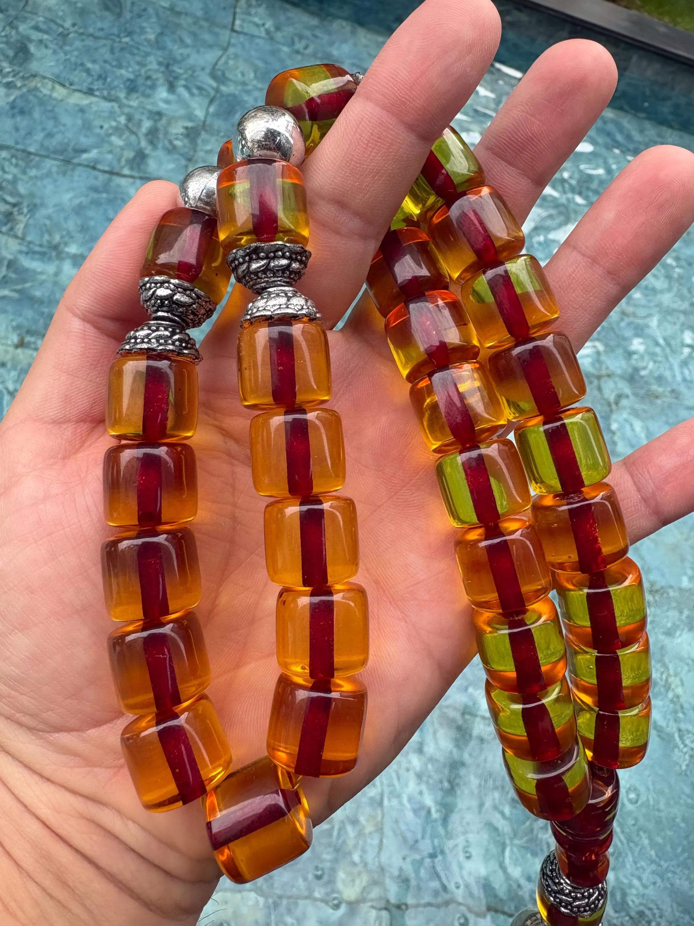 Amber Look Barrel Tesbih – 33 Islamic Prayer Beads with Silver Tassel, Handmade Misbaha Gift