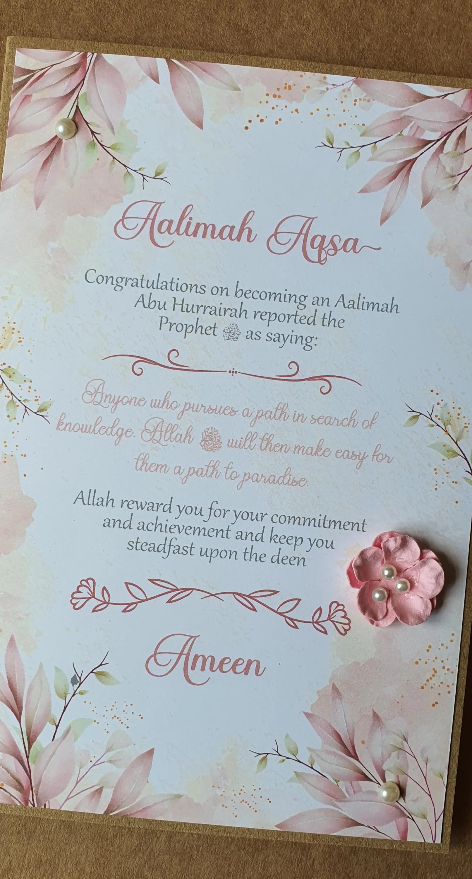 Aalimah Graduation Card/Islamic Graduation/Islamic greeting cards/Muslim Graduation/Alim/Islamic education/Celebration card/Alimah card/pink