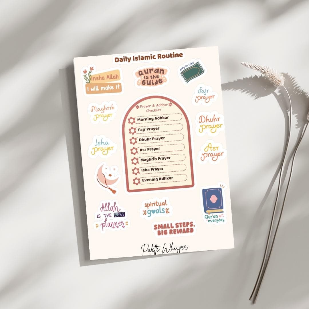 Islamic Prayer Checklist Stickers | Muslim Daily Routine Stickers | Salah Reminder | Adhkar & Quran Aesthetic Stickers | Islamic Kids Gift
