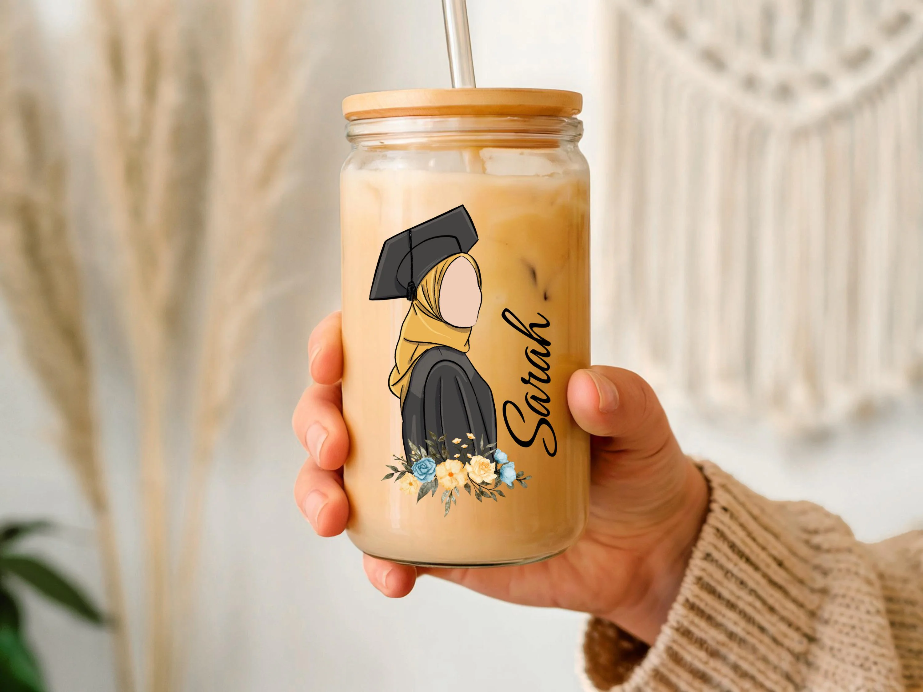 Personalized Muslim Graduation Gift Glass Cup, Custom Muslimah Graduation College Gift 2025 Grad Tumbler Coffee Cup Islamic Graduation Gift