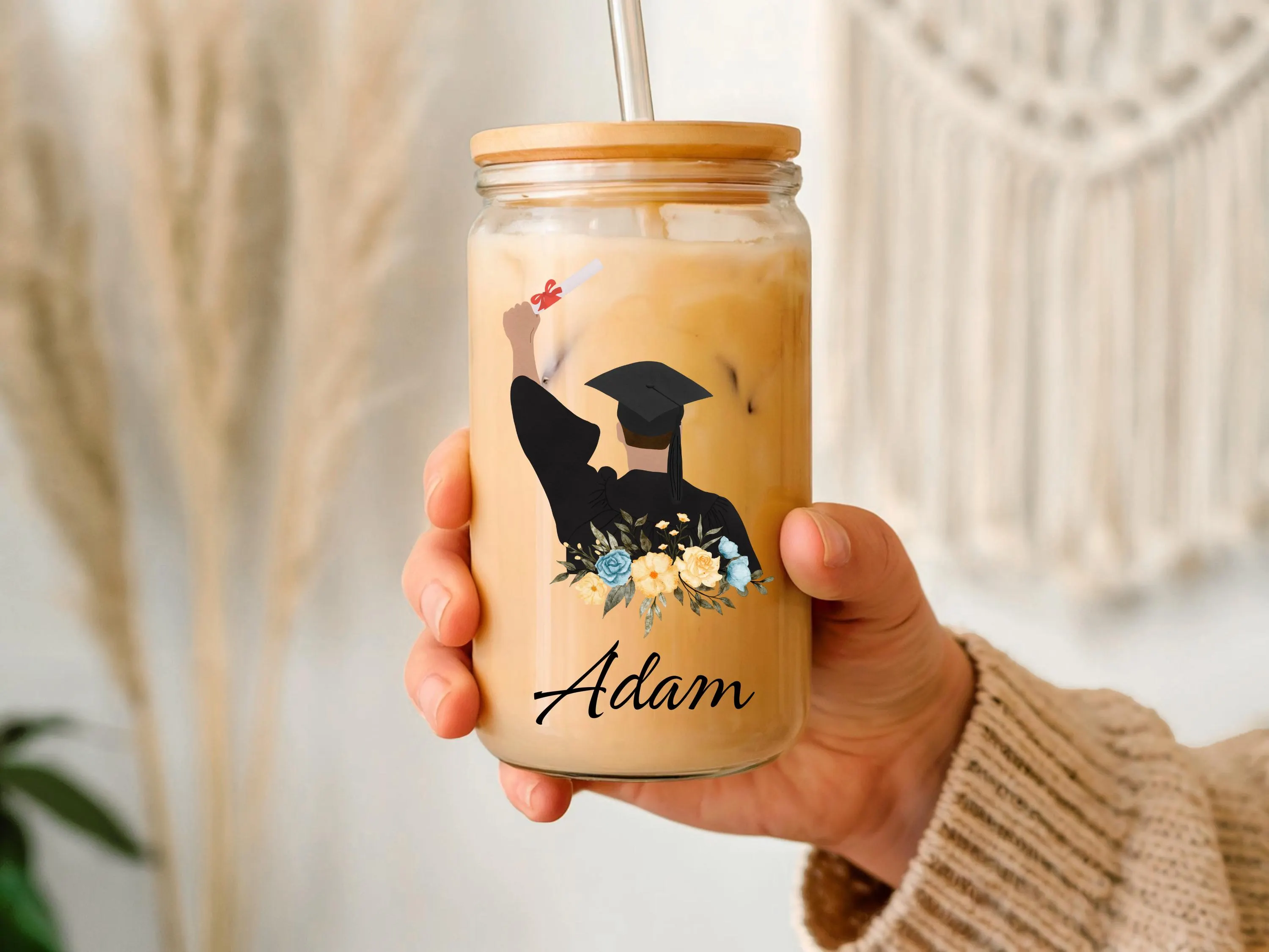 Personalized Boy Graduation Gift for Him Glass Cup Male Graduation College Gift Son Grad Tumbler High School Graduation Iced Coffee Cup Gift