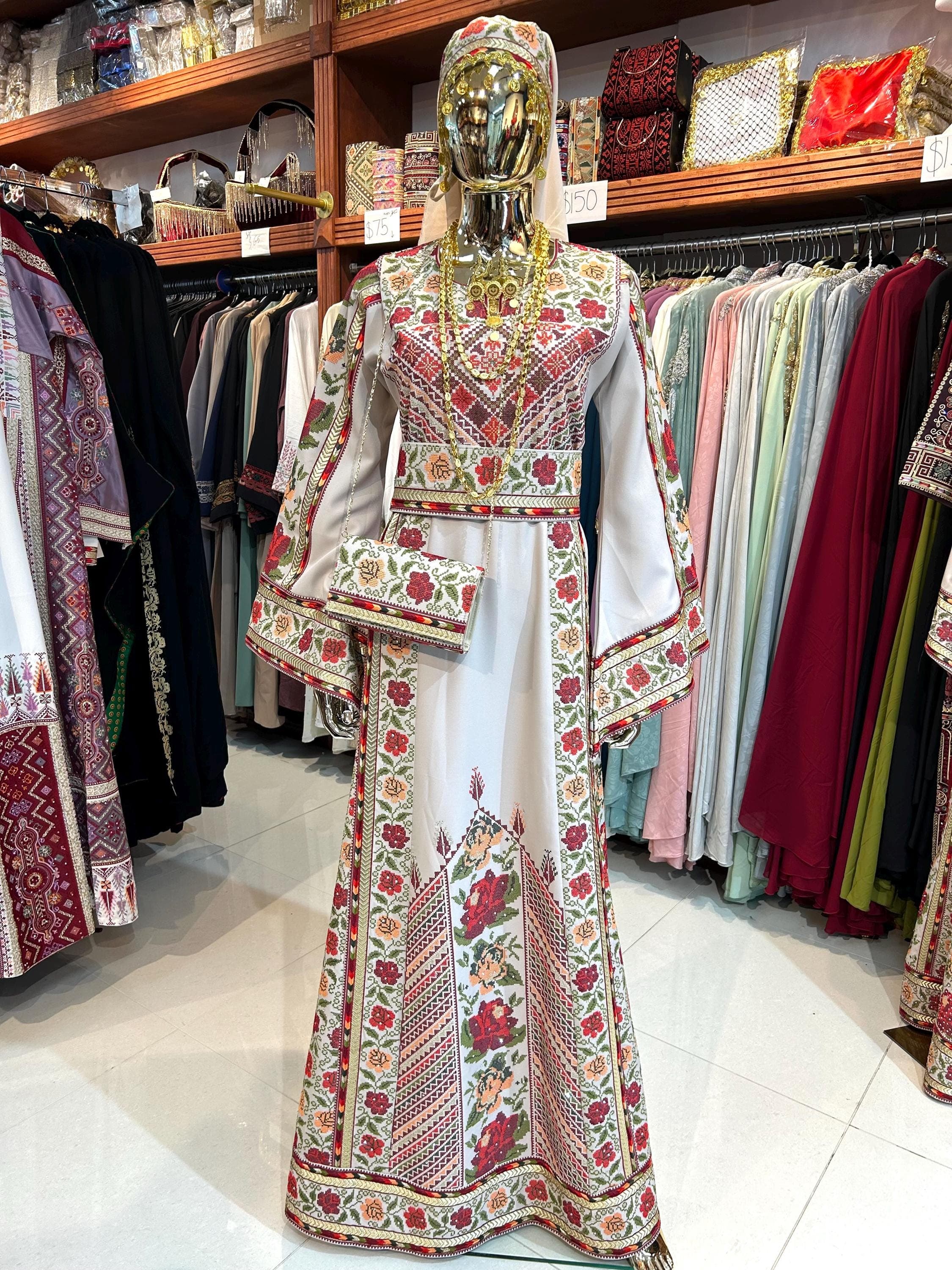 Embroidered Biege Rose Thobe | Includes Shawl | Bag Not Included
