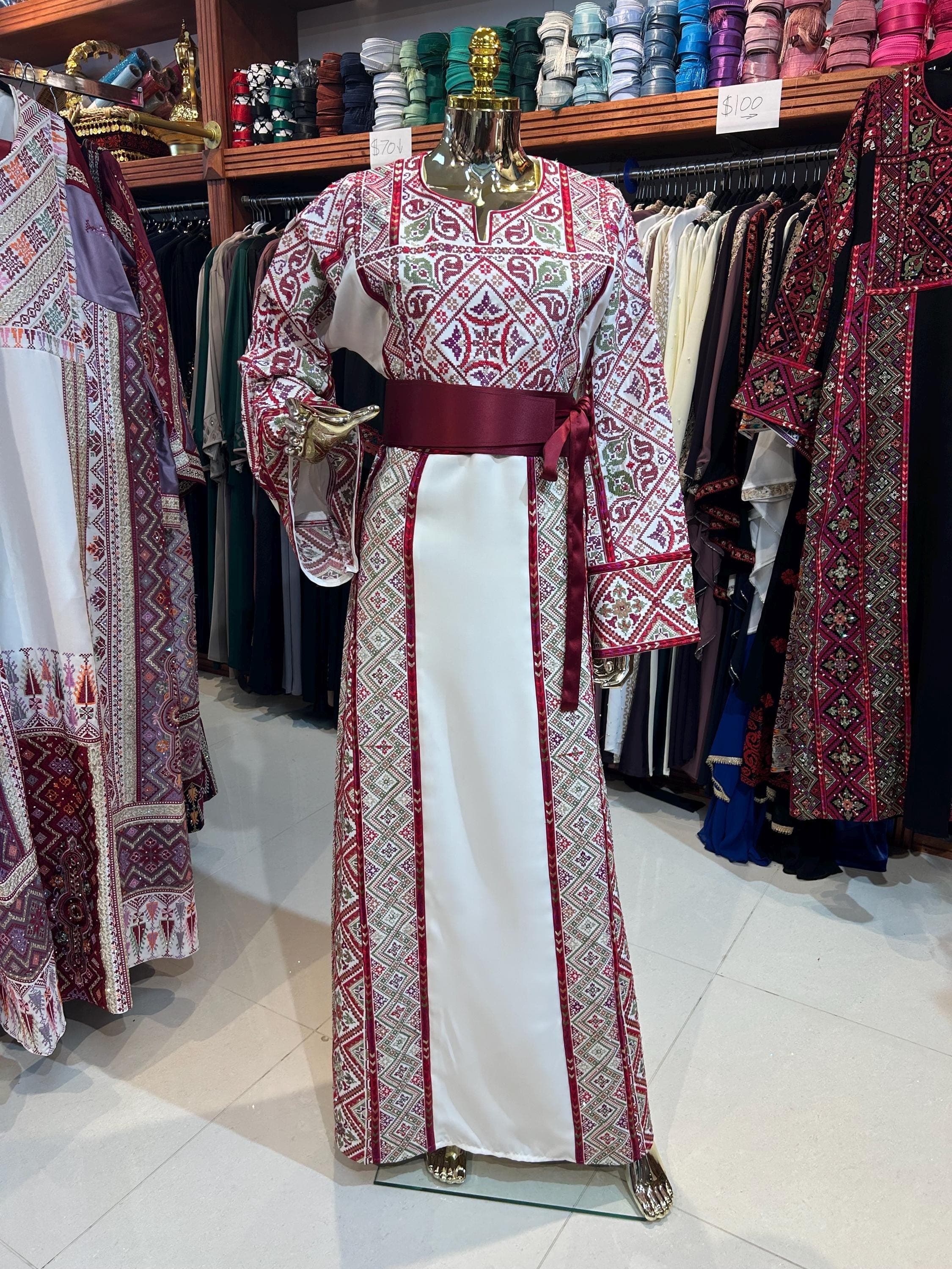 Elegant Red & White Embroidered Thobe