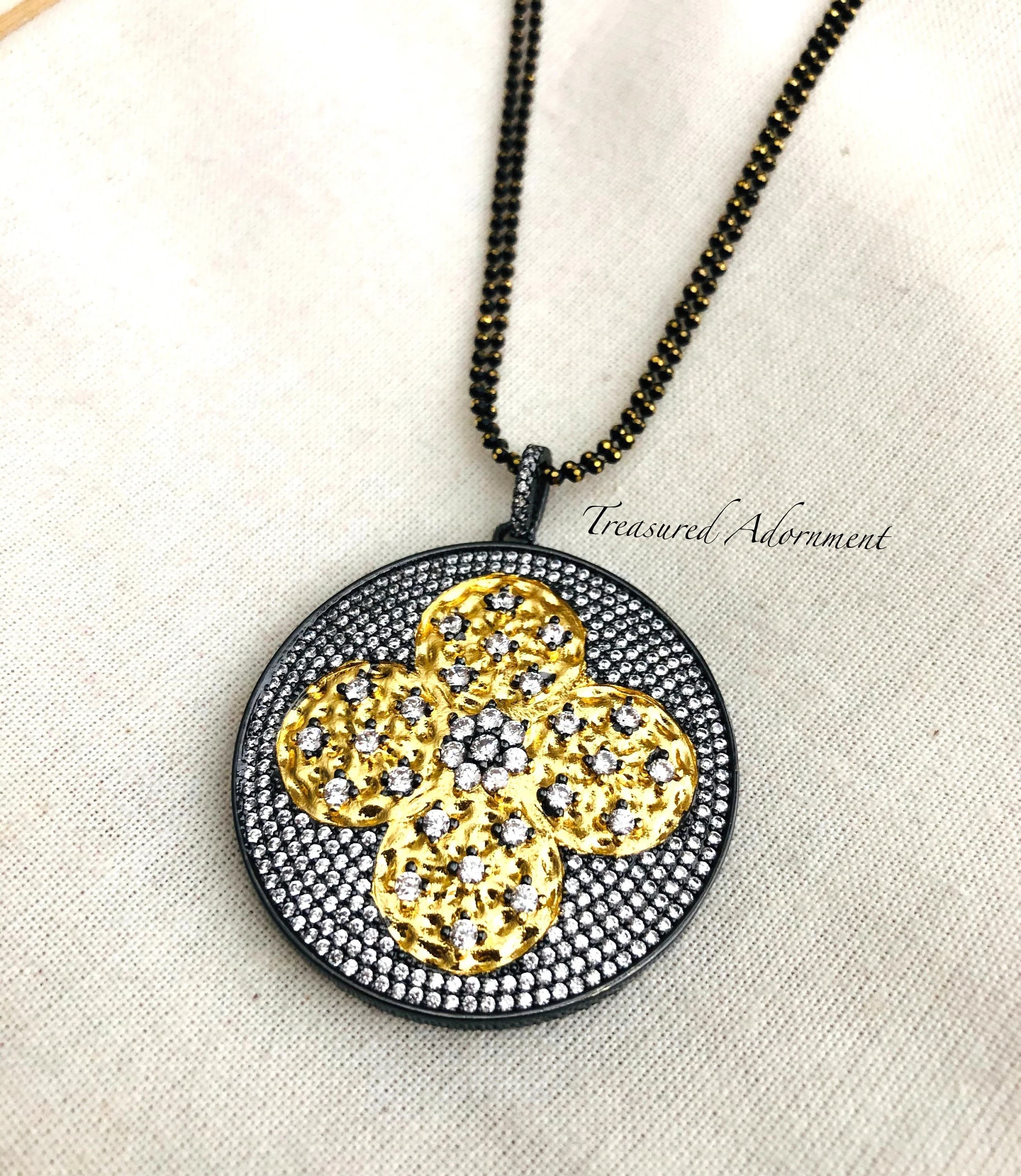 Gold Flower Pendant, Black and Gold, Cubic Zirconia, Gun Metal Necklace, Galaxy Necklace, Thank you gift, Ramadan Eid gift, long necklace - image 4