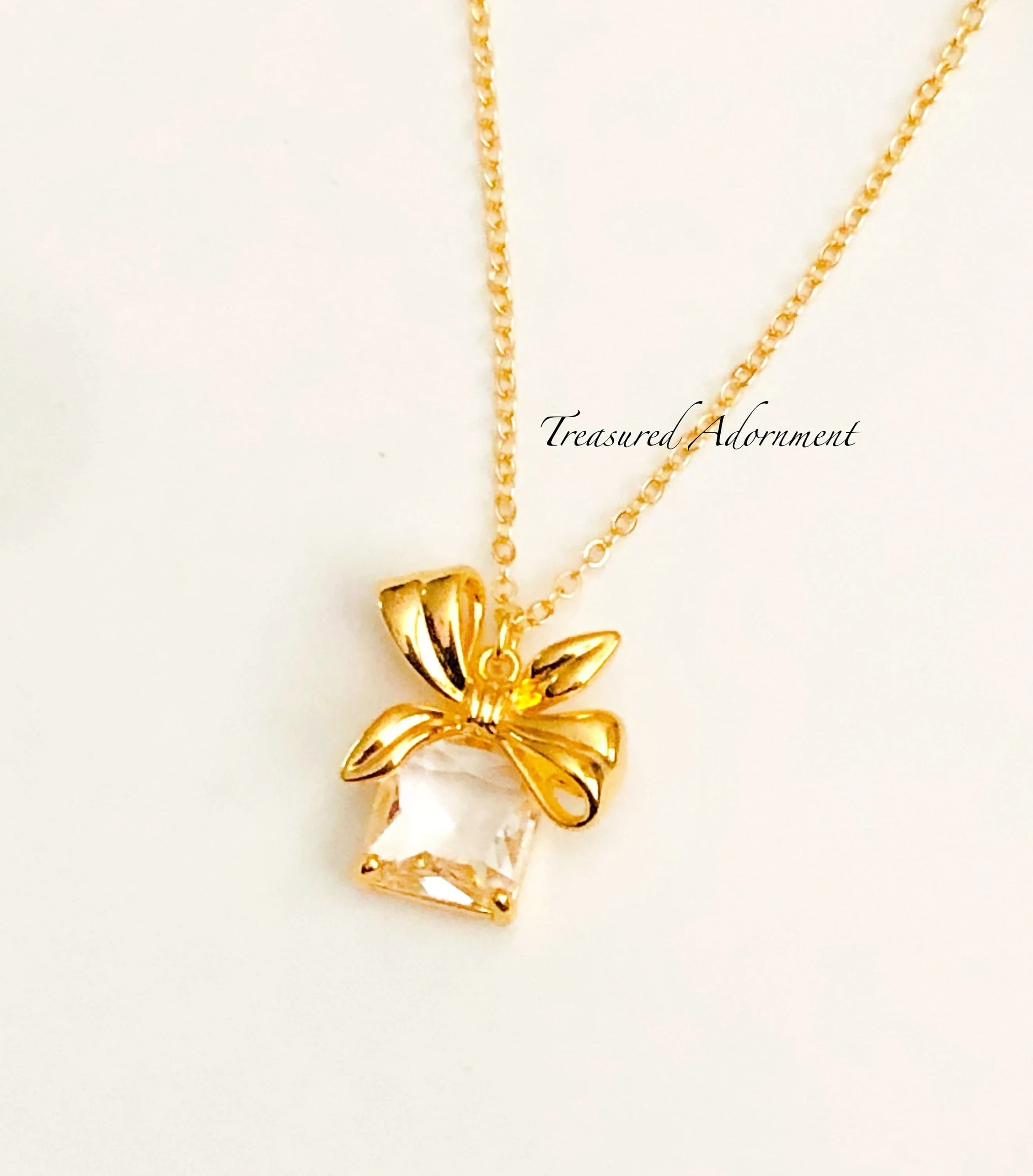 Cubic Zirconia Pendant, Bow Pendant, Clear CZ, Clear Cubic Zirconia, 18K Gold plated Necklace, Rectangle CZ, Ramadan Gift Eid gift - image 3