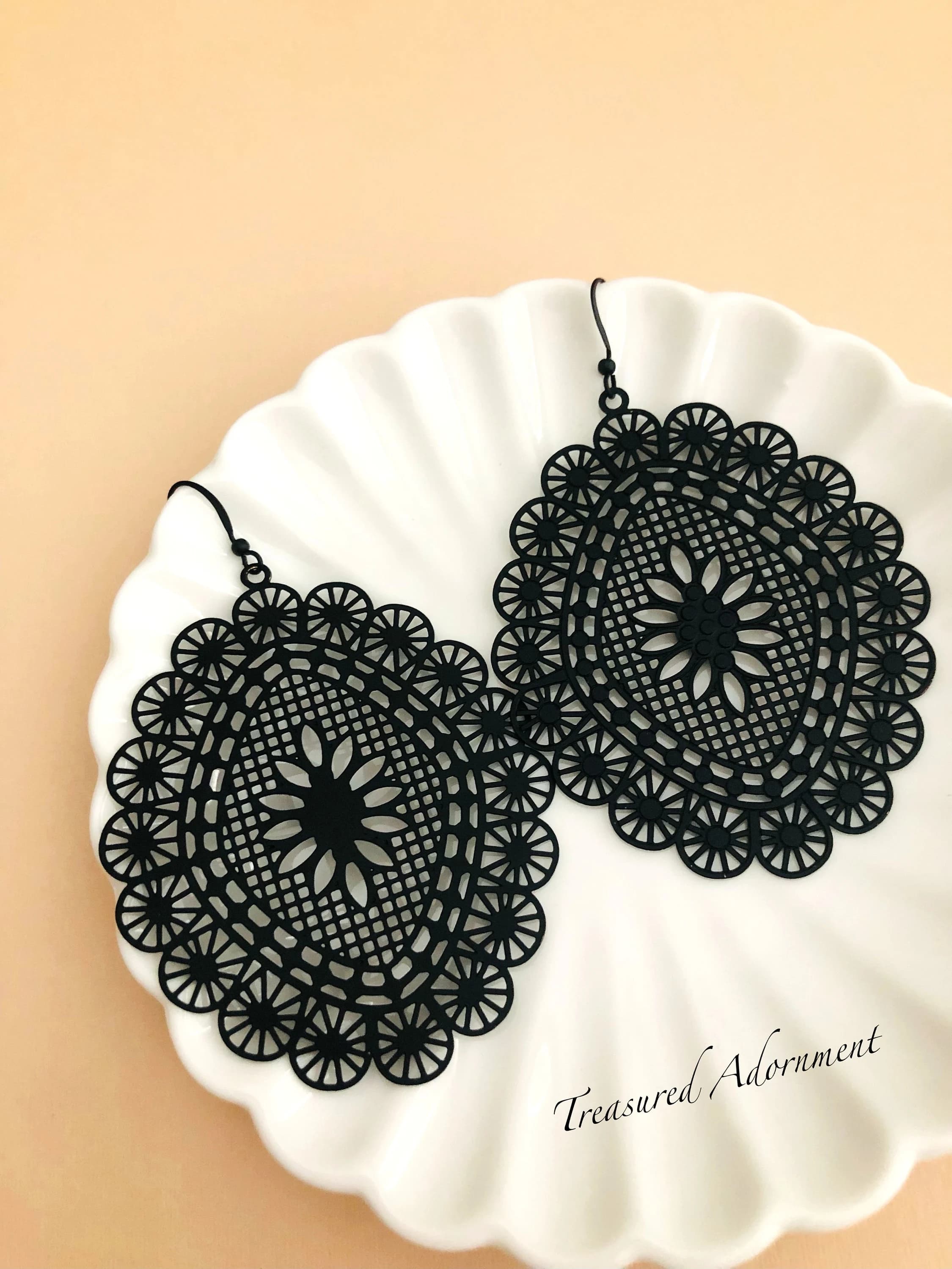 Matte Black Lace Filigree Earrings, Large Earrings, Victorian Earrings, Statement earrings, Halloween Earrings, Black Lace Earrings