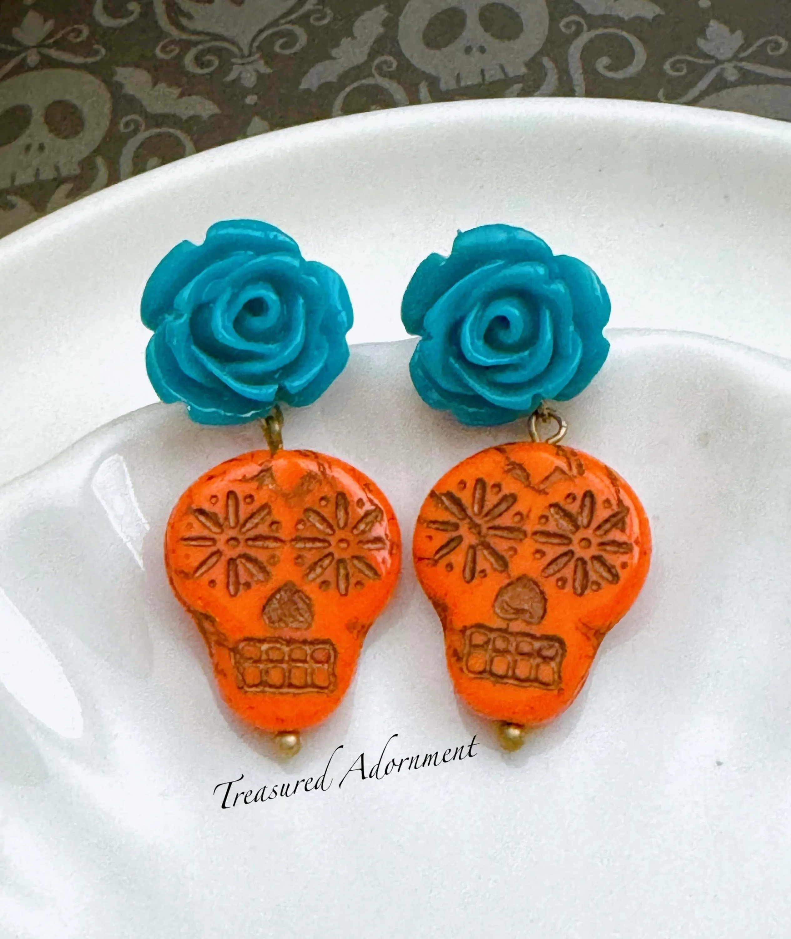 Sugar Skull Earrings with Rose, Orange Skull, Teal Rose, Stud, Czech Glass Skull Beads Earrings, Dia de Los Muertos Earrings
