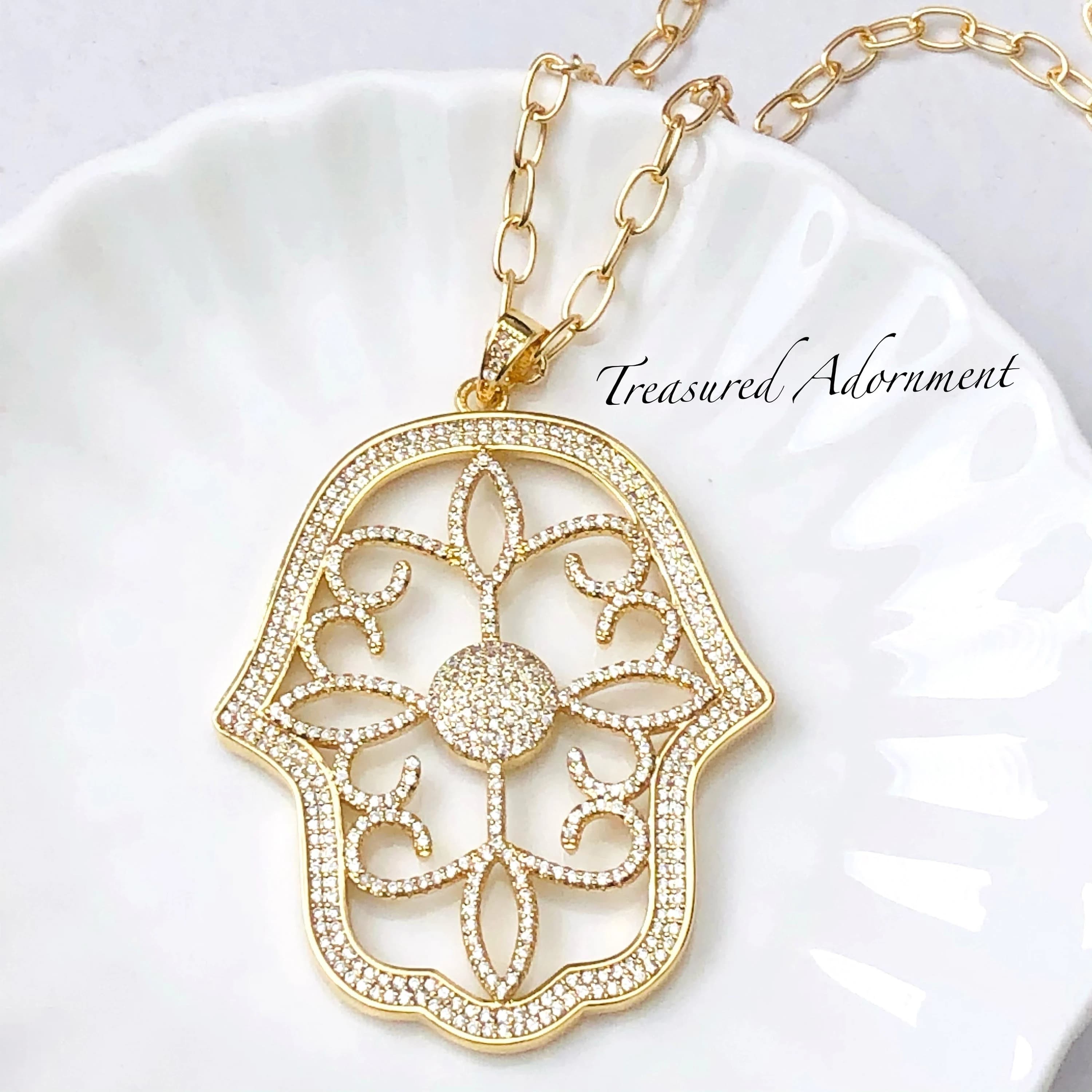 Hamsa Necklace, Large , Cubic Zirconia, 18K Gold Plated, Ramadan Eid gift, Statement Necklace, Hand of Fatima Necklace, Gold, Evil Eye
